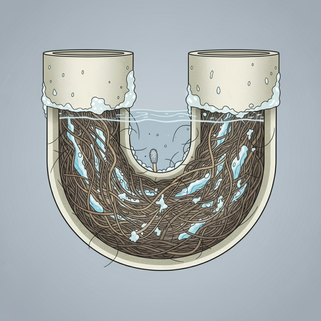 A detailed cutaway illustration showing the inside of a clogged sink drain's U-bend (siphon). The pipe is partially obstructed by a dense, tangled mass. Clearly visible within this mass are numerous strands of hair, whitish soap scum residue clinging to the pipe walls, small blobs of toothpaste, and perhaps a tiny, indistinguishable foreign object like a fragment of a cotton swab caught within the debris. The surrounding pipe material should appear slightly grimy, indicating long-term buildup. The overall style is a clean, informative infographic, using muted, realistic colors to highlight the different materials.