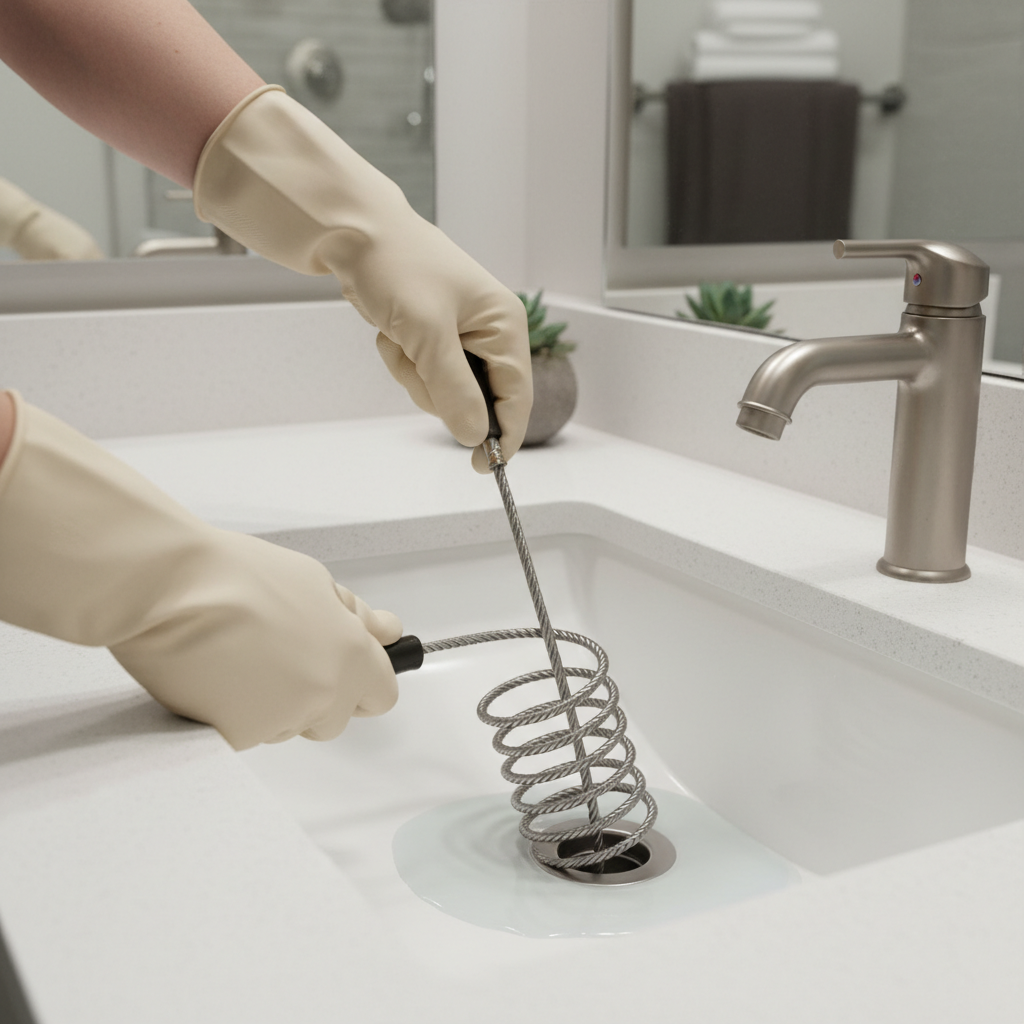 A brightly lit, professional photo focusing on a pair of hands wearing light-colored, reusable gloves, actively engaged in the process of unclogging a bathroom sink. One hand firmly grips the handle of a clean, manual drain snake or a similar mechanical tool, carefully inserting it into the drain opening. The sink basin is modern and clean, with a small pool of water around the drain, indicating an ongoing blockage. The scene should convey a sense of practical action and problem-solving, with a clean and clear background suggesting a typical home bathroom.