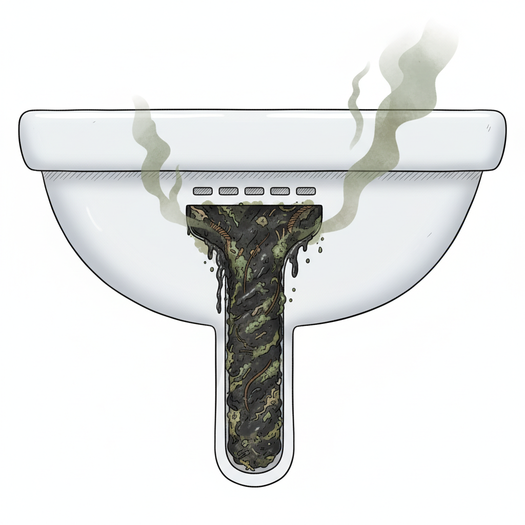 A close-up, cutaway illustration showing a cross-section of a white ceramic bathroom sink, focusing on the hidden internal overflow channel. The visible overflow opening, typically a series of slits or a single hole, is shown with a significant accumulation of dark, slimy grime, tangled hair, and soap scum within the channel. Subtle, wavy lines or a muted green/brown cloud emanates from the dirty overflow area, hinting at unpleasant odors. The overall style should be a detailed, clean technical illustration with a touch of realism to highlight the unsanitary problem.