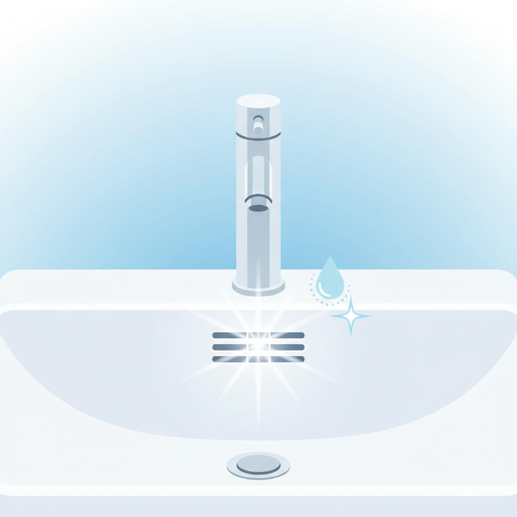A vibrant, clean flat illustration depicting a modern bathroom sink with a sparkling clean overflow. The sink basin is pristine white, and the overflow opening, perhaps a series of neat slits, is impeccably clean, free of any debris or discoloration. A subtle 'sparkle' icon or soft glow emanates from the overflow area, symbolizing freshness and hygiene. The background is simple and bright, emphasizing the clean state of the sink and the positive outcome of maintenance. The illustration should convey a sense of calm and cleanliness.
