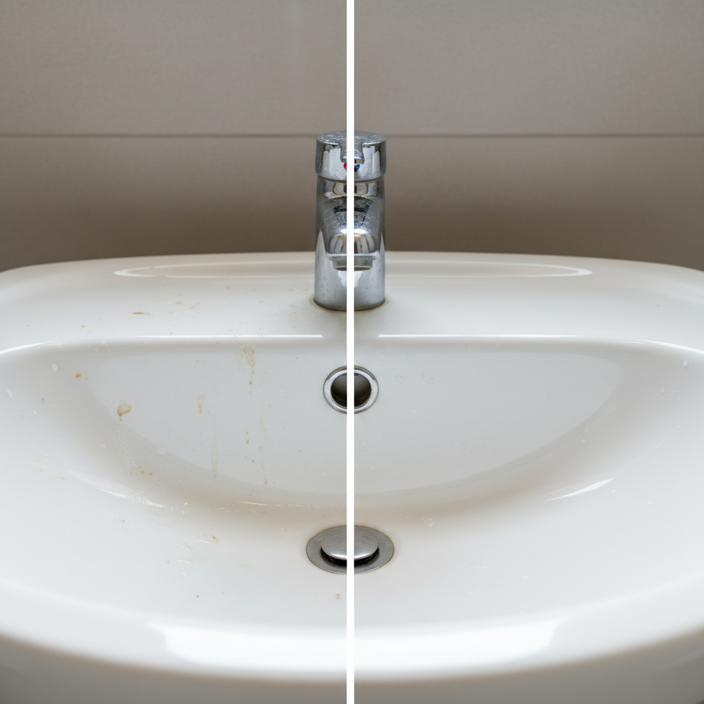 A split image depicting a bathroom sink. On the left side, the ceramic sink appears dull with visible soap residue, water marks, and subtle streaks of limescale around the faucet and drain area, suggesting neglected dirt. On the right side, the exact same sink is sparkling impeccably clean, reflecting light, with no visible imperfections. The faucet gleams, and the entire surface looks pristine and hygienic. The background is a clean, neutral bathroom setting. Style: Professional, high-resolution photo with bright, natural lighting, emphasizing contrast and cleanliness.