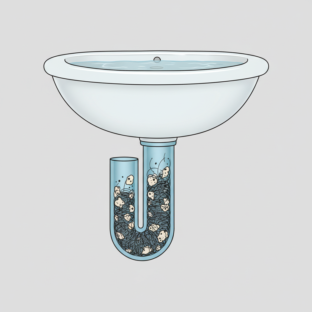A detailed, clean cutaway illustration showing the inner workings of a bathroom sink's U-bend (siphon) and the pipes directly underneath. The sink basin above has standing water, indicating a blockage. Inside the translucent pipes, various elements are clearly visible and tightly packed, forming a dense clog. These elements include tangled strands of human hair, clumps of solidified soap scum, and small dark debris. The accumulation creates a significant obstruction, preventing water from flowing through. The background is simple and uncluttered, highlighting the internal pipe structure and the problematic blockage.