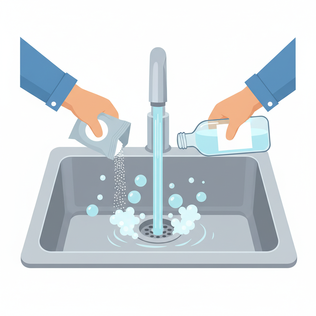 A vibrant, modern flat illustration depicting the process of clearing a kitchen sink. A pair of hands, with sleeves rolled up, are actively pouring a white powder (representing baking soda) into the sink's drain, while simultaneously holding a bottle of clear liquid (representing vinegar) poised to be poured next. Small, dynamic bubbles are forming around the drain opening, suggesting a chemical reaction. In the background, the sink faucet is slightly running, and the water is visibly flowing smoothly down the drain, symbolizing a successful unclogging. The scene exudes a sense of simple, effective problem-solving.