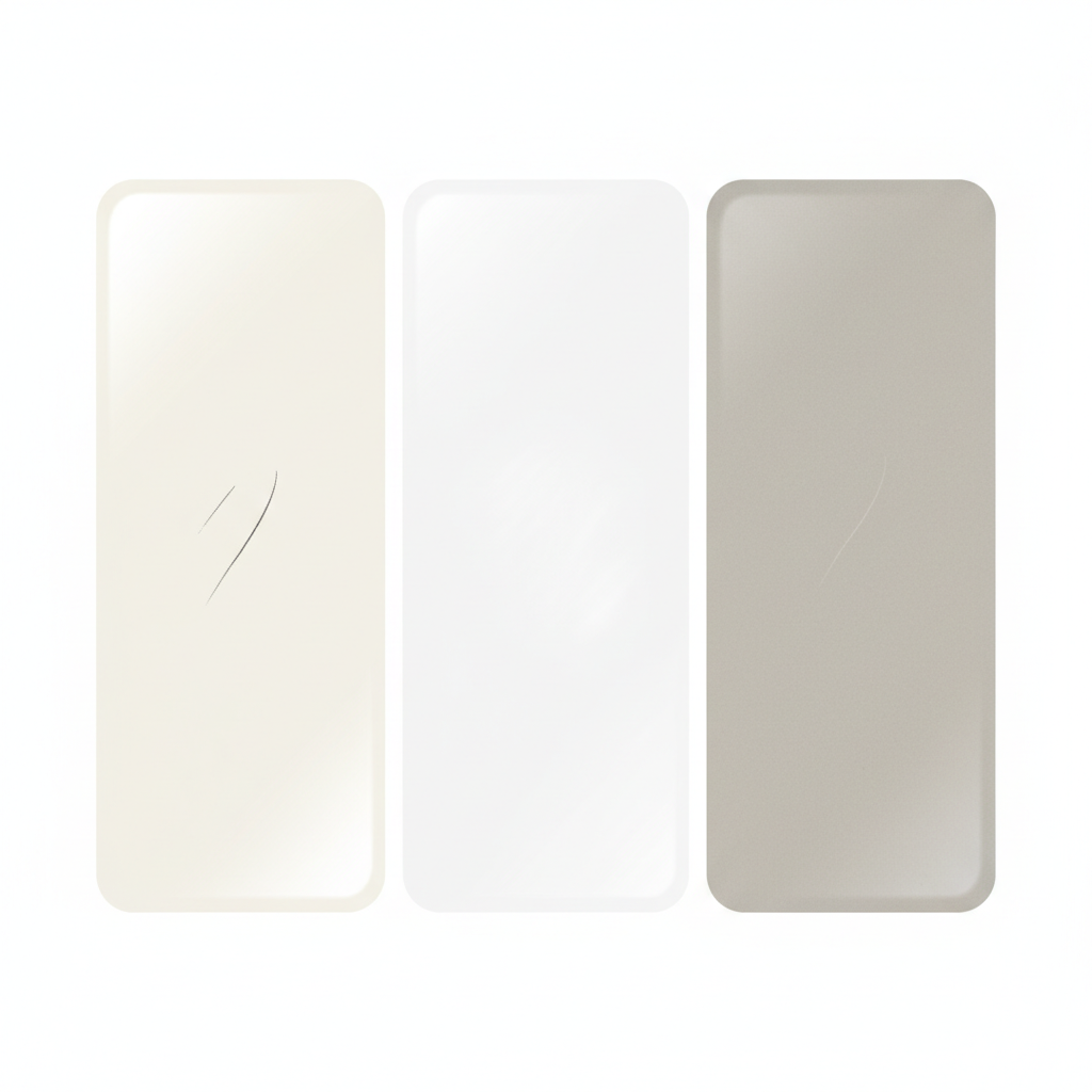 An infographic-style illustration depicting three distinct sections, each showcasing a common sink material: ceramic, acrylic, and mineral cast. Each section should feature a small, subtle scratch characteristic of that material. The ceramic section should show a fine, dark line from metal abrasion. The acrylic section should have a slightly wider, hazy scuff. The mineral cast section should display a thin, faint surface mar. The overall image should be clean, bright, and professional, highlighting the unique texture of each material and the nature of the superficial damage in a modern, flat illustration style.