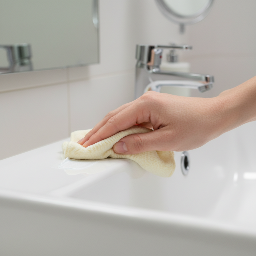 A professional close-up photograph, from a slightly elevated angle, focusing on a human hand (clean, well-groomed) gently rubbing a small amount of white toothpaste onto a faint surface scratch on a pristine white ceramic sink. The hand holds a soft, light-colored microfiber cloth in a small, circular motion over the scratch. The sink surface should be visibly clean with a subtle, thin scratch line just outside the active treatment area. The background should be a softly blurred, modern bathroom setting, emphasizing a practical application.