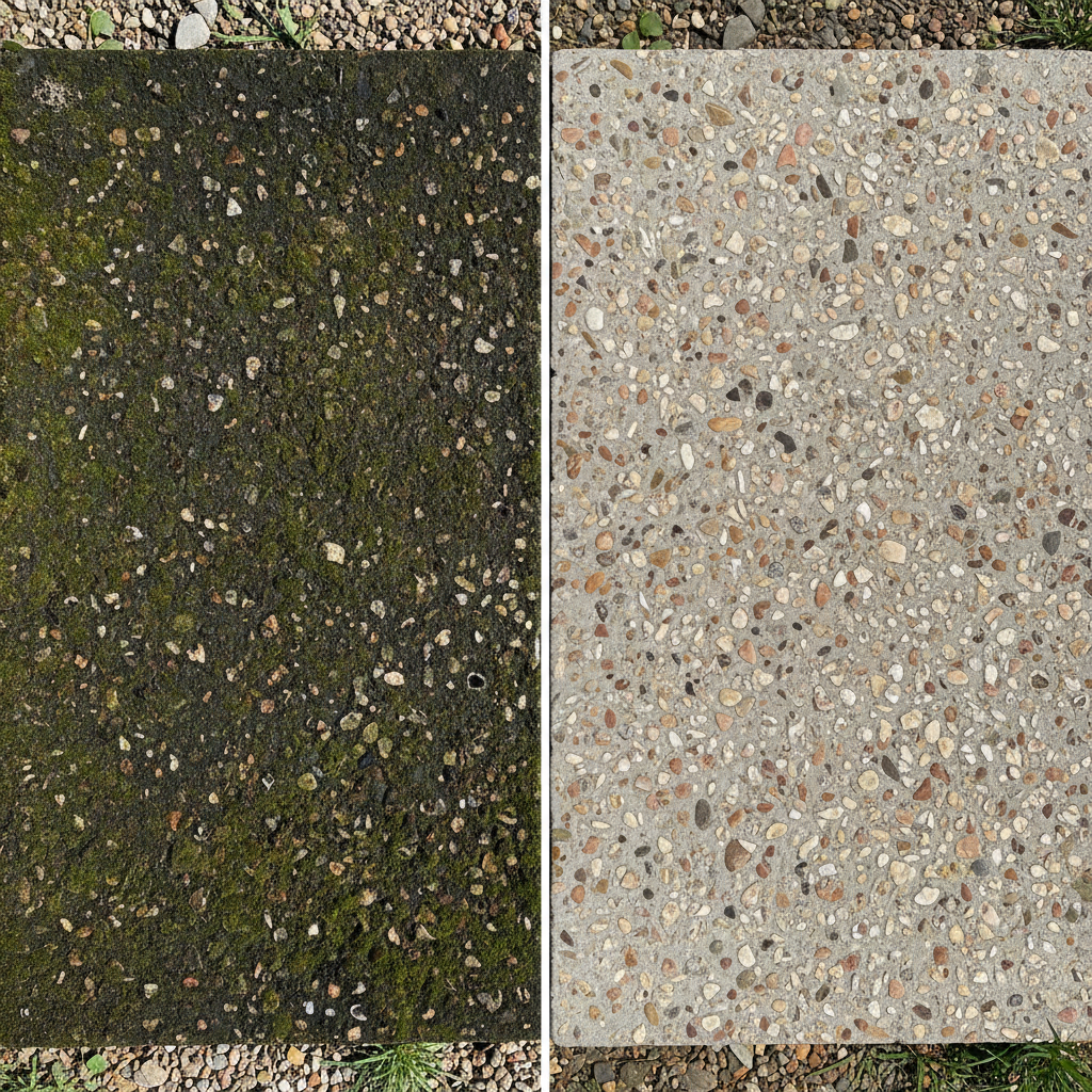 A professional, crisp photo illustrating a 'before and after' scenario of Waschbetonplatten. On the left side, a section of concrete slabs is visibly dull, heavily covered in green moss, dark algae, and embedded dirt, appearing neglected. On the right side, the same type of slabs are impeccably clean, with the natural aggregate stones sparkling, showing their original texture and color. A subtle transition line separates the two states, emphasizing the dramatic improvement. The scene is bright and highlights the restored beauty.