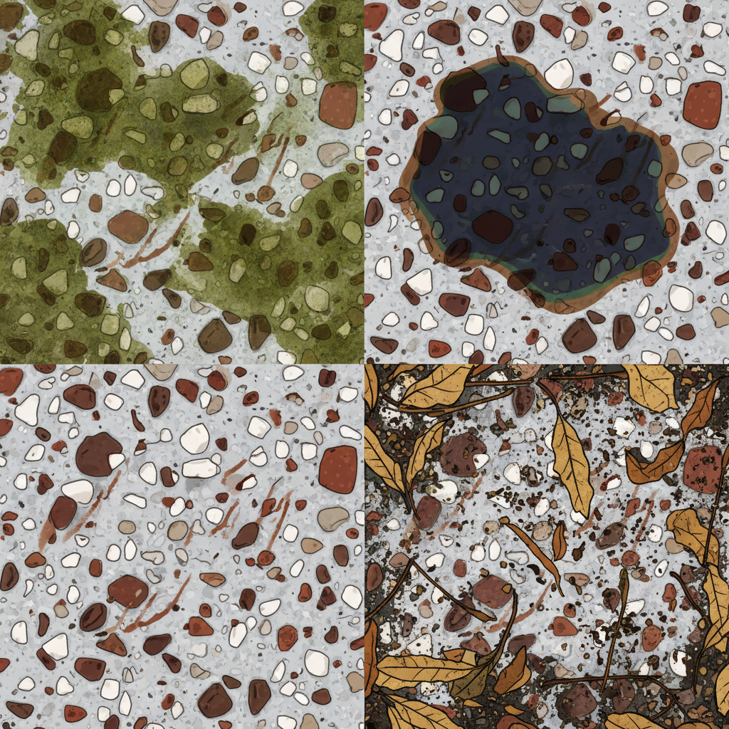 A vibrant, detailed flat illustration depicting a close-up section of a Waschbetonplatte (exposed aggregate concrete slab). The slab is subtly divided into several distinct zones, each showcasing a common type of contamination. One zone features vibrant green moss and dark algae patches, another shows a distinct, dark oil stain, a third has reddish-brown rust marks, and a final section displays embedded leaf debris and general dirt. The overall impression should be clear and visually categorize the common issues without being overly diagrammatic.