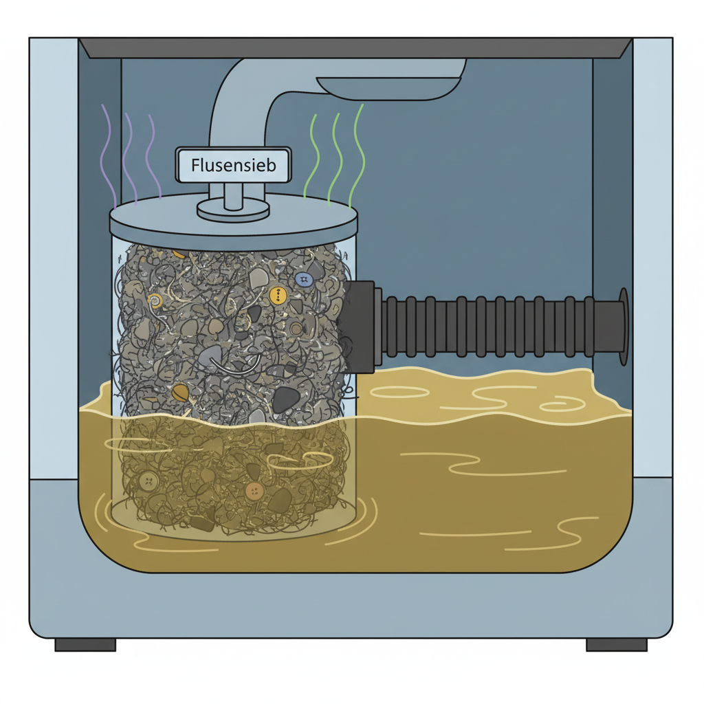 A cross-section flat illustration of a washing machine's lower section, focusing on the drainage system. The lint filter (Flusensieb) is visibly clogged with a dense accumulation of lint, hair, and small debris. Dirty, stagnant water is depicted behind the filter, partially blocking the drain pipe. Subtle, wavy lines emanate from the clogged filter and stagnant water, hinting at unpleasant odors. The overall style is clean and modern, using muted colors with a contrast to highlight the blockage.