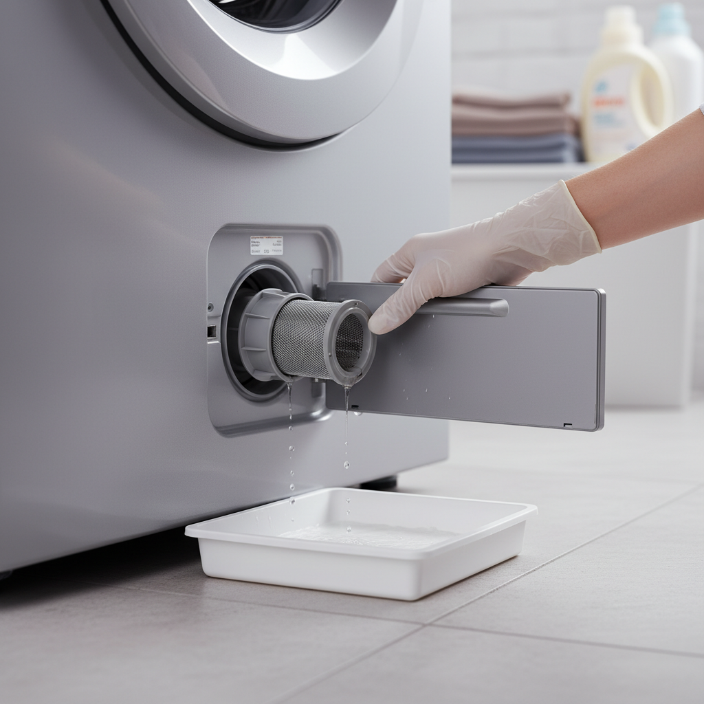 A professional, well-lit photograph showing the lower front part of a modern washing machine. The small access flap or door at the very bottom, typically for the lint filter, is open. A hand is gently pulling out or pointing towards the cylindrical lint filter, which is partially visible. A small amount of water might be seen dripping into a shallow basin placed underneath, indicating the preparation for cleaning. The scene is clean, practical, and focuses on the accessibility of the filter.
