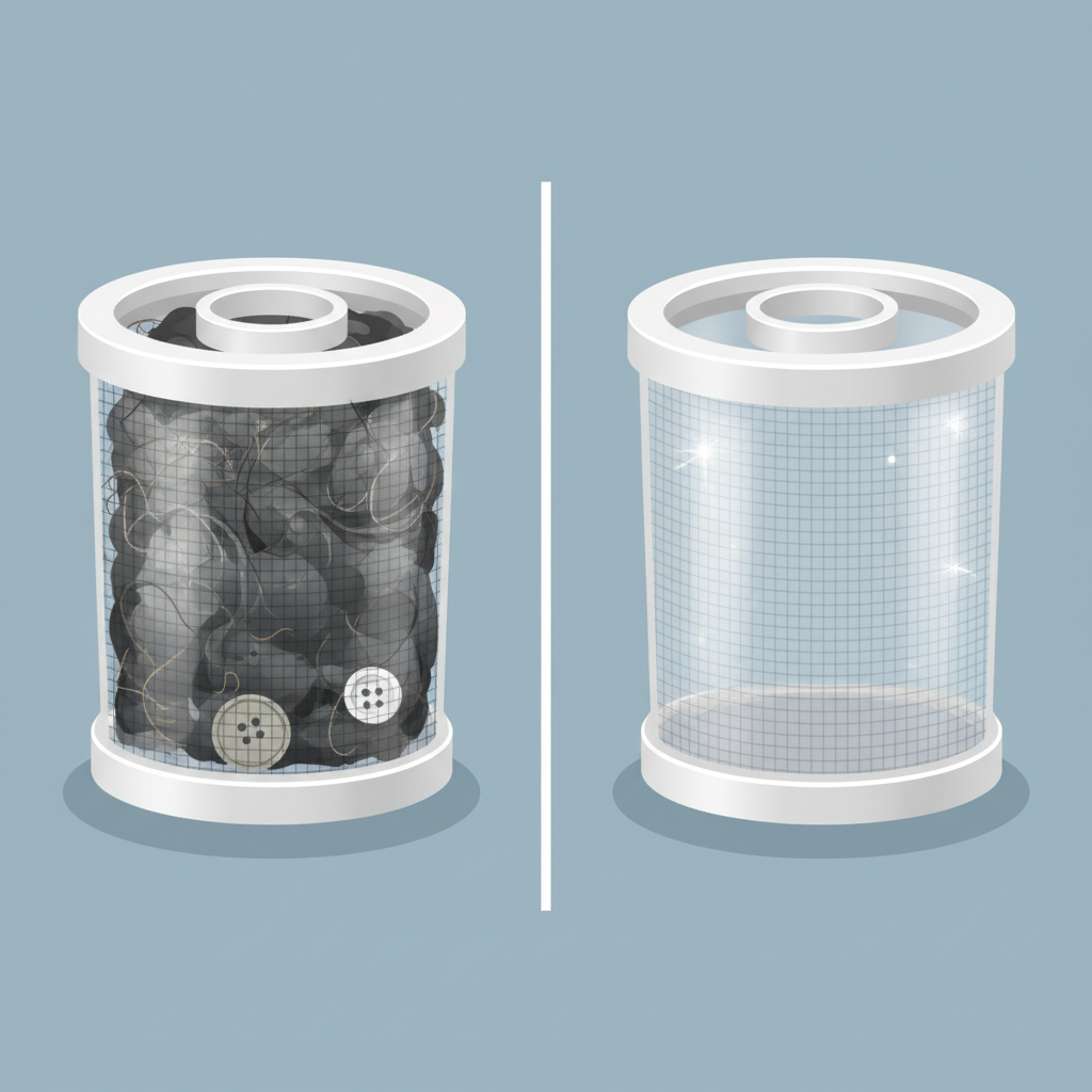 A split-panel or side-by-side infographic style illustration comparing a 'before' and 'after' state of a washing machine's lint filter. On one side, a cylindrical filter is heavily encrusted with dark, matted lint, hair, and a few small foreign objects like a coin or button. On the other side, an identical filter is pristine, sparkling clean, and perfectly clear. The background is simple and clean, highlighting the contrast between the clogged and immaculate filter. The visual impact should be immediate and clear.