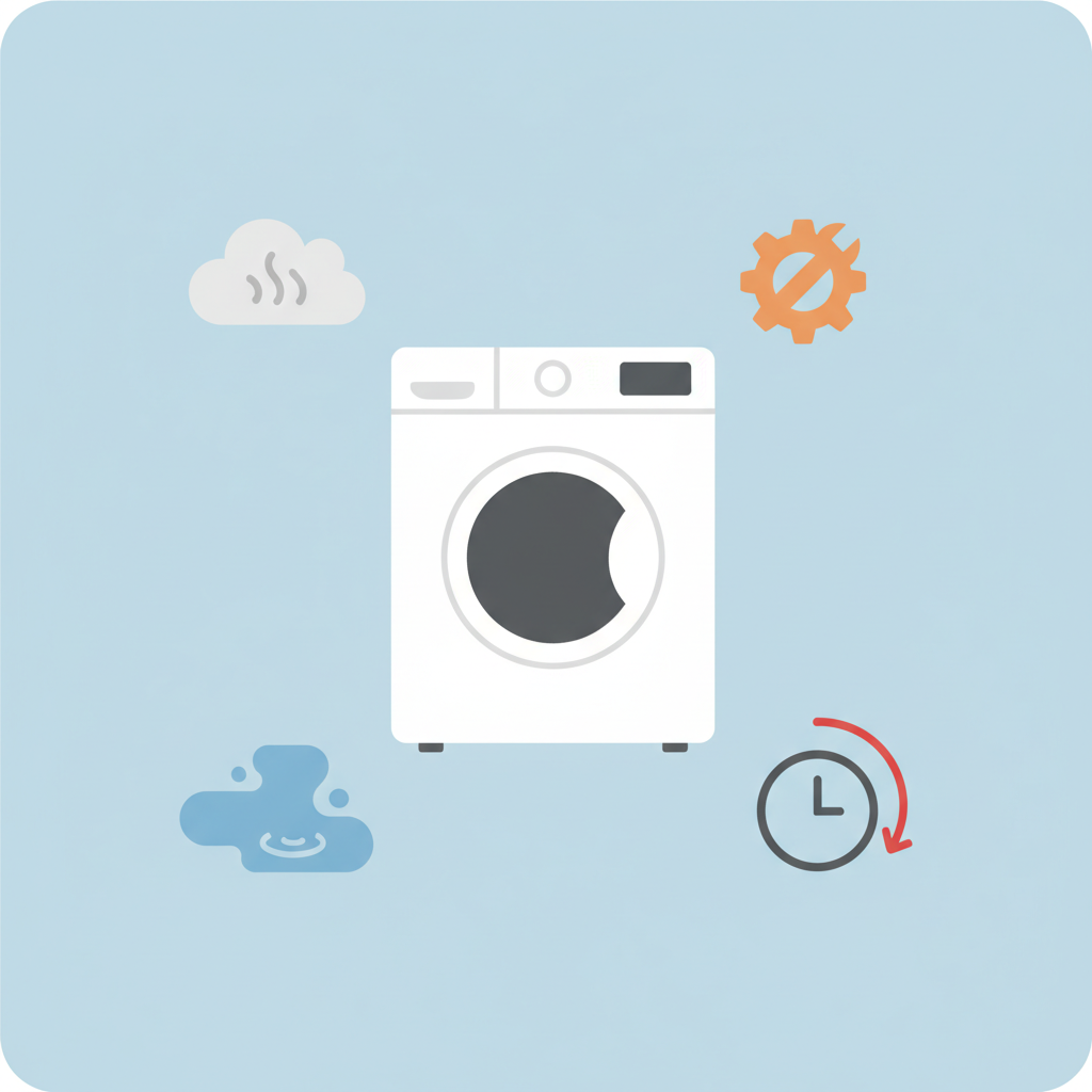 A conceptual flat illustration depicting various negative symptoms of a neglected washing machine. The main element is a minimalist washing machine silhouette. Around it, several small, distinct icons or visual elements represent problems: a wavy cloud suggesting bad odors, a small pool of water at the bottom of a stylized drum, a 'gear' or 'wrench' icon indicating a malfunction, and a stylized clock with an elongated arrow symbolizing longer wash times. The overall style is clean, modern, and easily understandable at a glance.