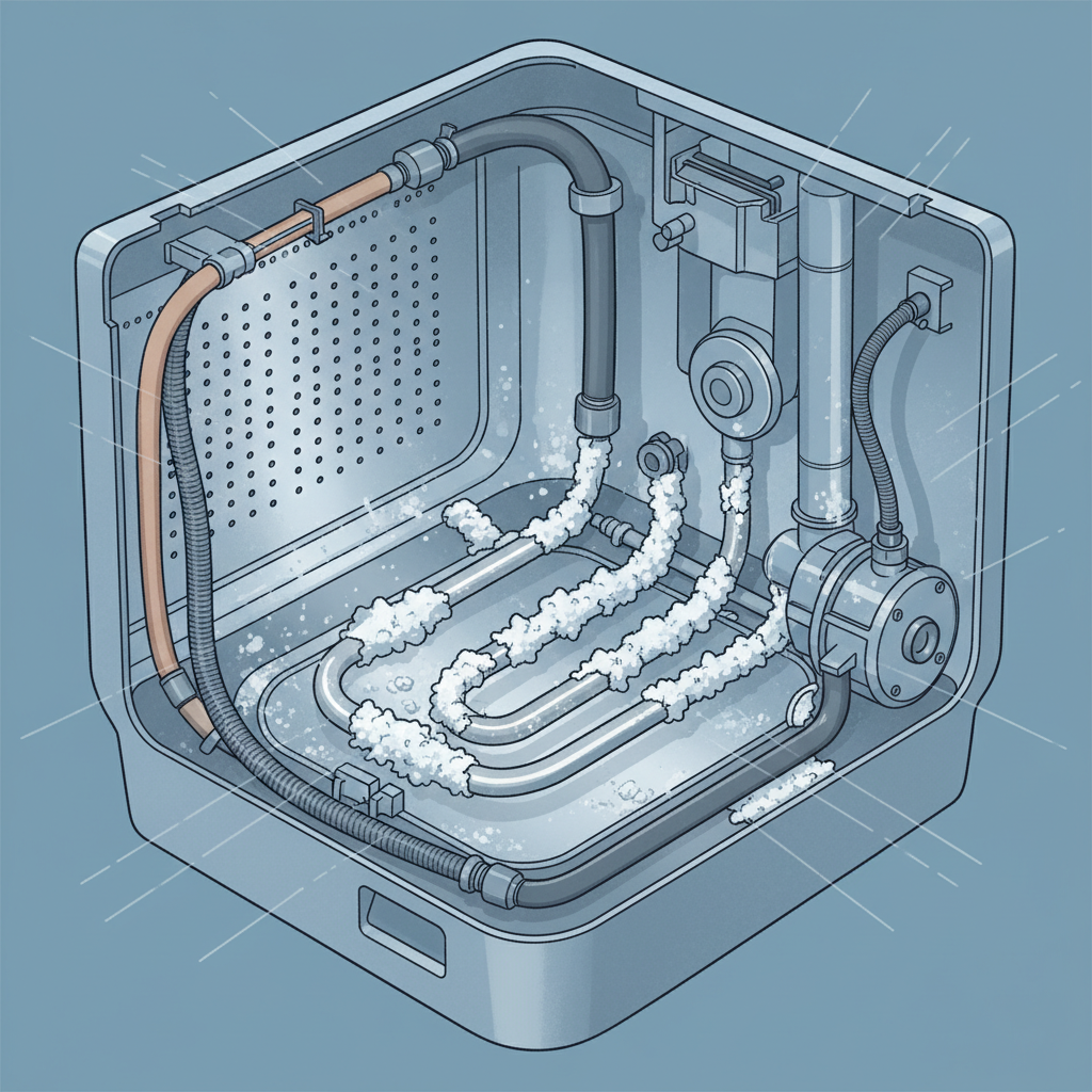 A detailed, cutaway technical illustration of the internal components of a washing machine. The focus is on the heating element, showing one half heavily encrusted with thick, white, rocky limescale, appearing inefficient and damaged. Adjacent parts of the drum and hoses also show visible, but less severe, white mineral deposits. The overall tone is slightly impaired, highlighting the problem of calcification. Professional infographic style, suitable for a blog article.