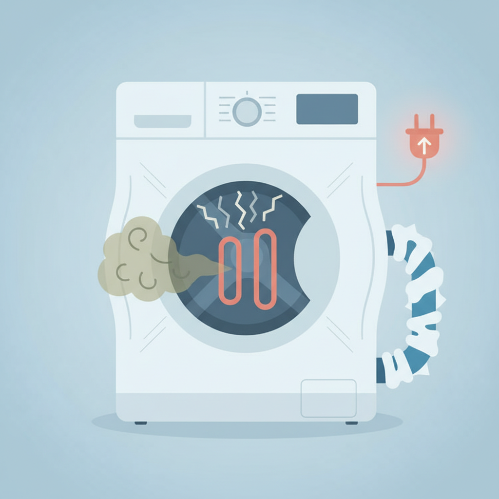 A conceptual flat illustration showing a washing machine struggling due to limescale. The internal heating element glows weakly with faint, struggling heat waves (depicted by broken lines). A subtle, wavy cloud representing an unpleasant odor emanates from the open drum. The machine itself appears slightly strained or overworked, implying reduced efficiency and increased energy consumption. Clean, modern vector illustration style.