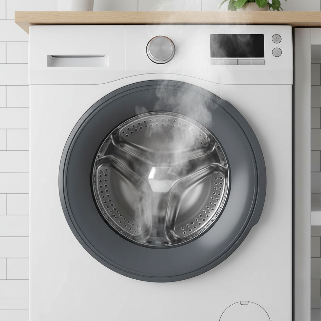 A vibrant, professional photo of a modern washing machine. The interior drum is gleaming and spotless, reflecting light beautifully. The rubber seal around the door is perfectly clean and smooth. A subtle, refreshing steam or mist gently rises from the drum, conveying a sense of pristine maintenance, cleanliness, and optimal functionality. The image projects reliability and an extended lifespan. Bright, well-lit, professional photography.
