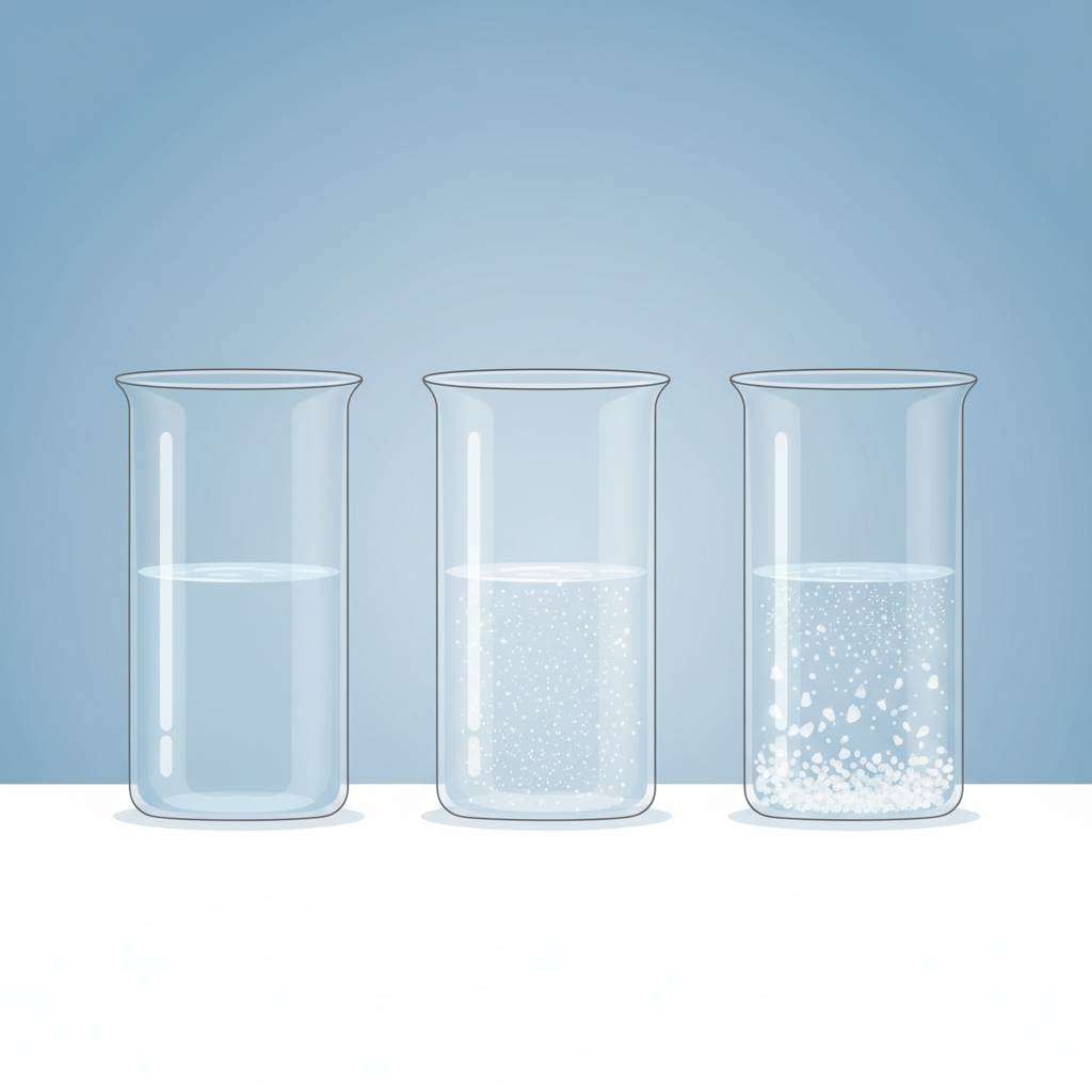 An infographic-style illustration depicting three transparent glass beakers or containers, each filled with water. The first beaker contains perfectly clear water (representing soft water). The second beaker shows water with a moderate amount of fine white particles or slight cloudiness (medium-hard water). The third beaker displays water with a significantly higher concentration of visible white mineral particles (very hard water), visually illustrating increasing water hardness. Clean, scientific illustration style.