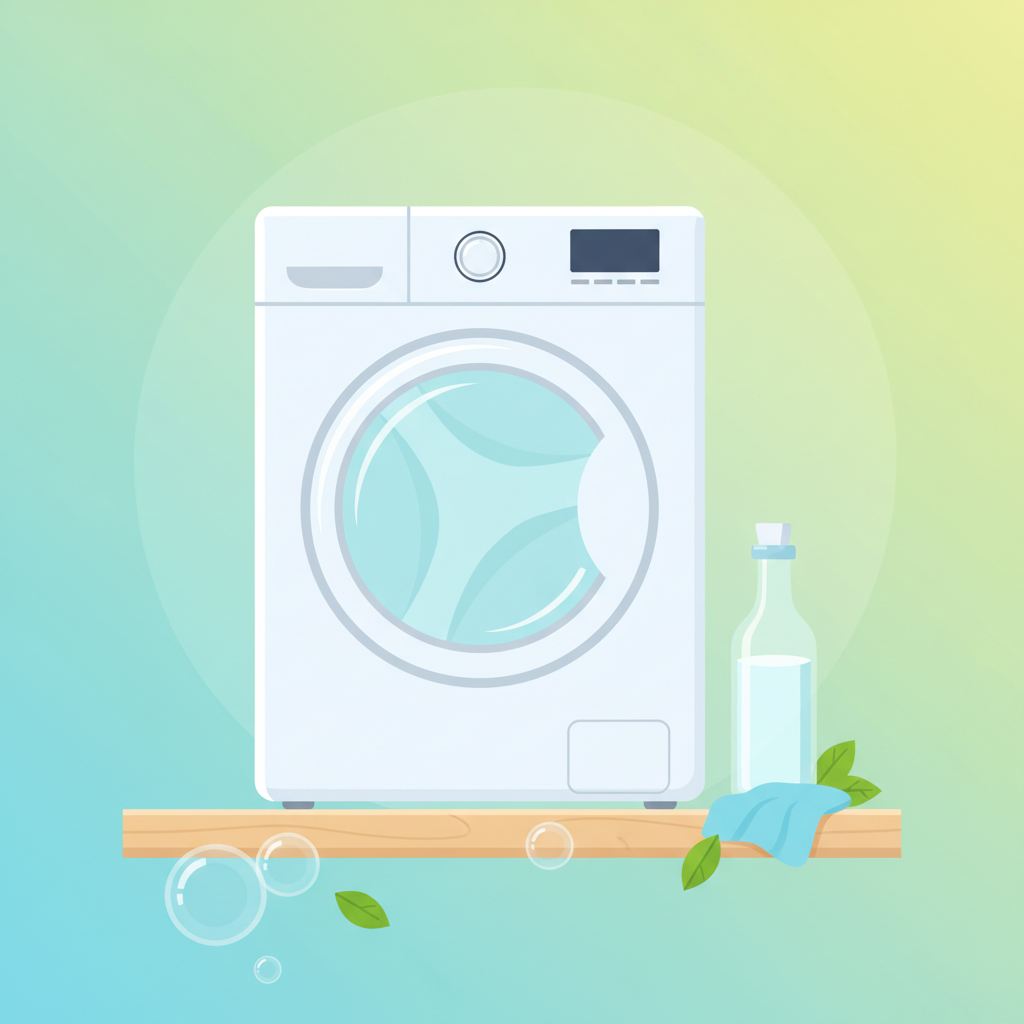 A vibrant, clean flat illustration showing a modern washing machine. Next to it, common household items like a bottle of white vinegar and a small cleaning cloth are prominently displayed, suggesting their role in cleaning. The washing machine's drum should be visibly clean and empty, perhaps with a subtle glow, implying freshness and efficiency. The overall scene should convey simplicity and natural cleaning with bright, inviting colors, perfect for a lifestyle blog, without any text.