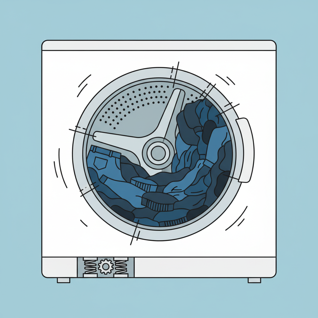 A cross-section illustration of a washing machine's interior during a spin cycle. The inner drum is visibly off-balance, with a cluster of heavy, dark clothing items (like jeans) visibly clinging to one side, causing the drum to tilt and almost touch the outer casing. Subtle motion lines emanate from the vibrating drum, suggesting strong movement and instability. The overall style is clean, modern flat illustration with a clear focus on demonstrating the mechanical imbalance.