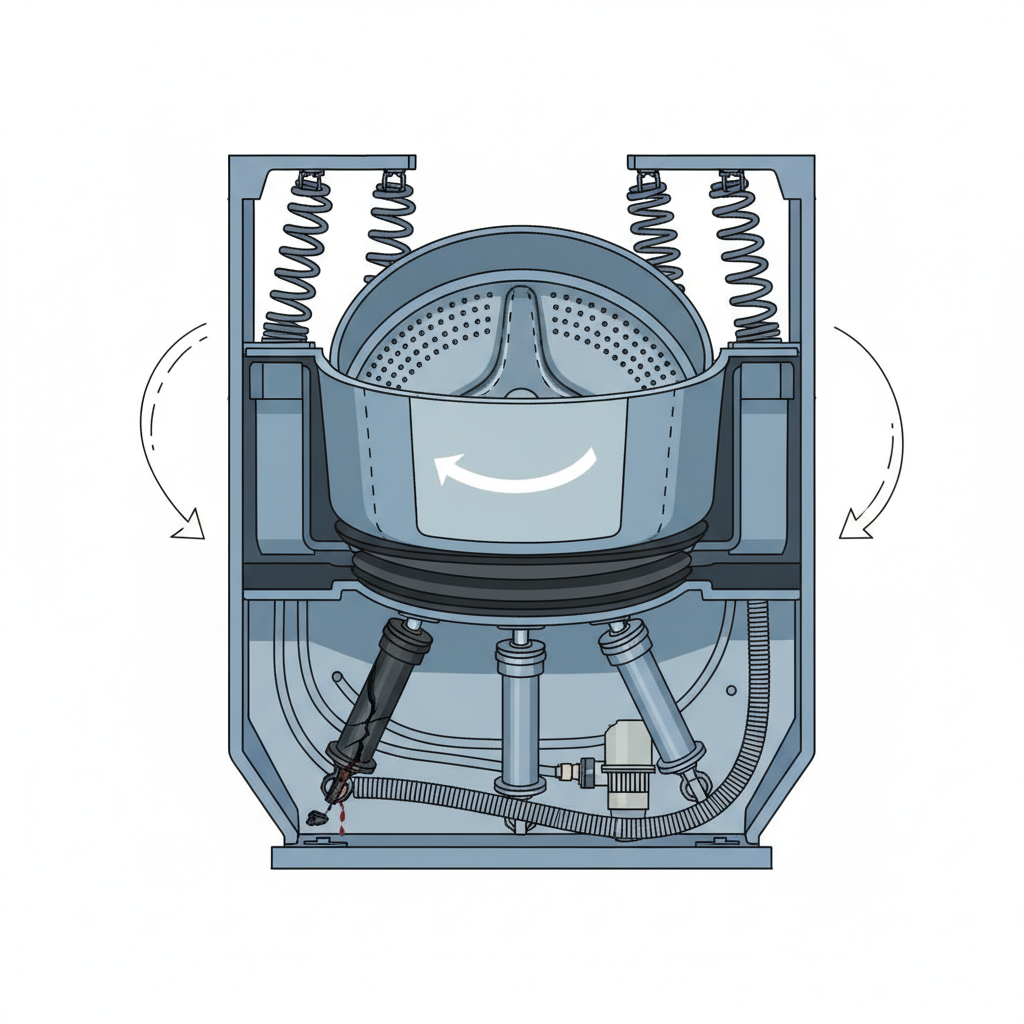 A detailed cutaway diagram of the lower section of a washing machine, focusing on the drum suspension system. One of the shock absorbers is clearly depicted as damaged or worn out, perhaps with visible cracks or a detached component. The inner drum above it is shown slightly displaced or leaning, with subtle arrows indicating excessive movement or impact against the machine's outer frame. The style is a technical, schematic illustration using a muted color palette to highlight the components.
