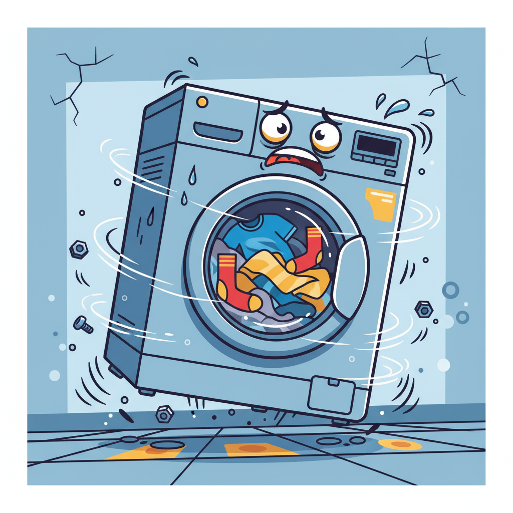 A stylized digital illustration of a washing machine mid-spin, vibrating violently. The machine appears to be shaking, with subtle visual cues like motion blur around its edges or slight displacement from its original position. A few items of laundry are visible inside the spinning drum, contributing to the sense of an aggressive, noisy operation. The overall mood is one of mechanical distress, conveying the problem effectively for a blog context.