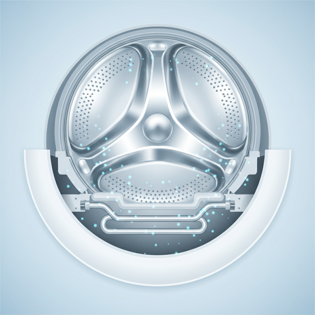 A bright and clean cutaway illustration of a washing machine's internal components, showcasing a pristine state of maintenance. The heating element should be sparkling clean and smooth. The stainless steel drum gleams, and the rubber door seal is spotless and fresh. Subtle, glowing blue particles or a soft blue aura should subtly emanate around the components, symbolizing protection and water softening. The scene should evoke freshness, efficiency, and longevity. Modern, clean vector art style with vibrant, pure colors.