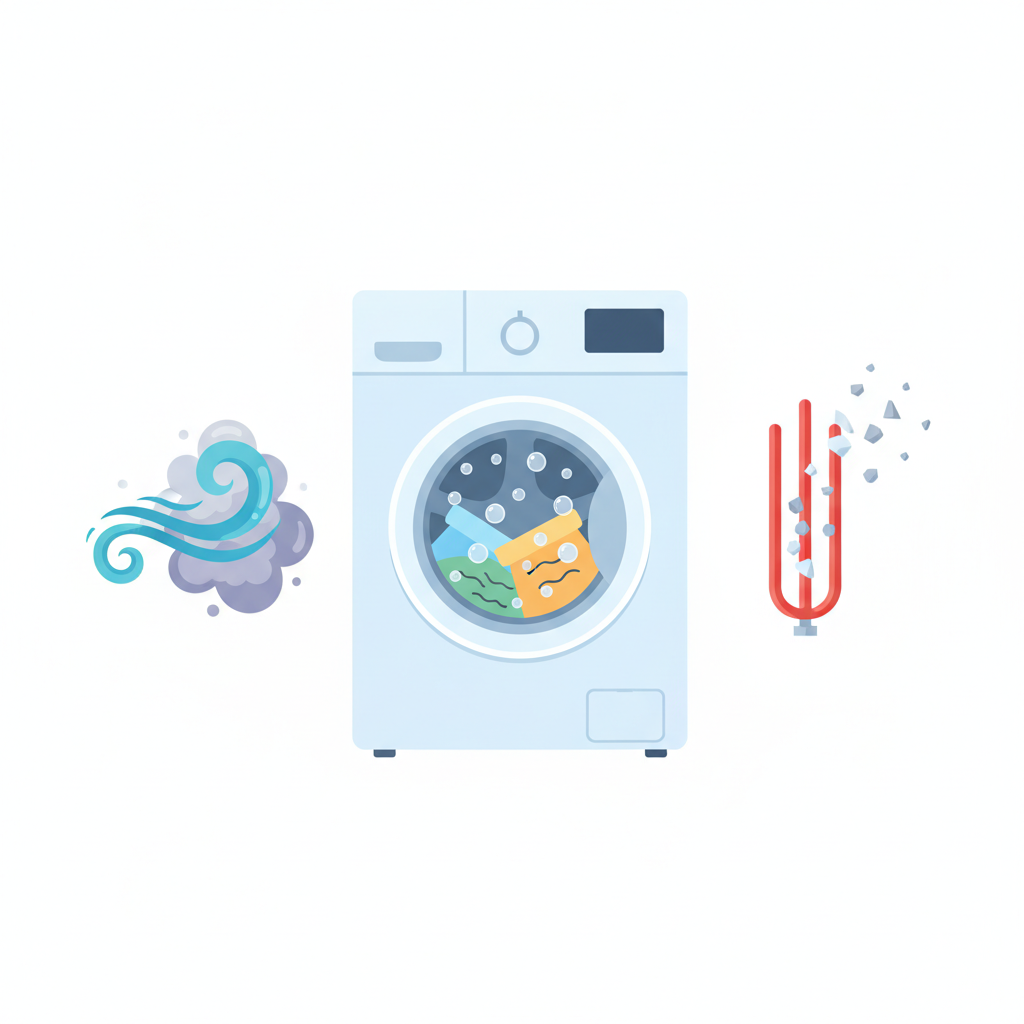 A vibrant, flat illustration depicting a modern, clean washing machine (front-loader) as the central focus. Around the washing machine, abstract visual metaphors highlight the benefits of using baking soda. Show a fresh breeze symbol dissolving a wavy, grey odor cloud, representing odor neutralization. Illustrate small, hard mineral particles (limescale) breaking away from a washing machine's internal heating element. Additionally, subtle cleaning bubbles and dissolved grime are shown lifting from the machine's drum. The overall style should be clean, professional, and friendly, using a bright and inviting color palette suitable for a positive article on home cleaning.