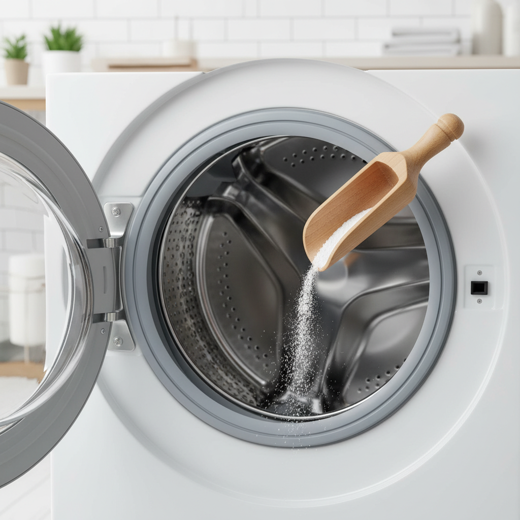 A professional, bright close-up photo of the interior of a sparkling clean washing machine drum. The stainless steel drum gleams, reflecting light, conveying a sense of hygiene and freshness. The washing machine door is slightly ajar, revealing its pristine condition. Next to the opening, an elegant wooden scoop gently sprinkles a fine white powder, representing baking soda, into the drum. The background is a softly blurred, modern laundry room, maintaining focus on the machine and the cleaning agent. The lighting is crisp and natural, highlighting the cleanliness and simplicity of the cleaning process.