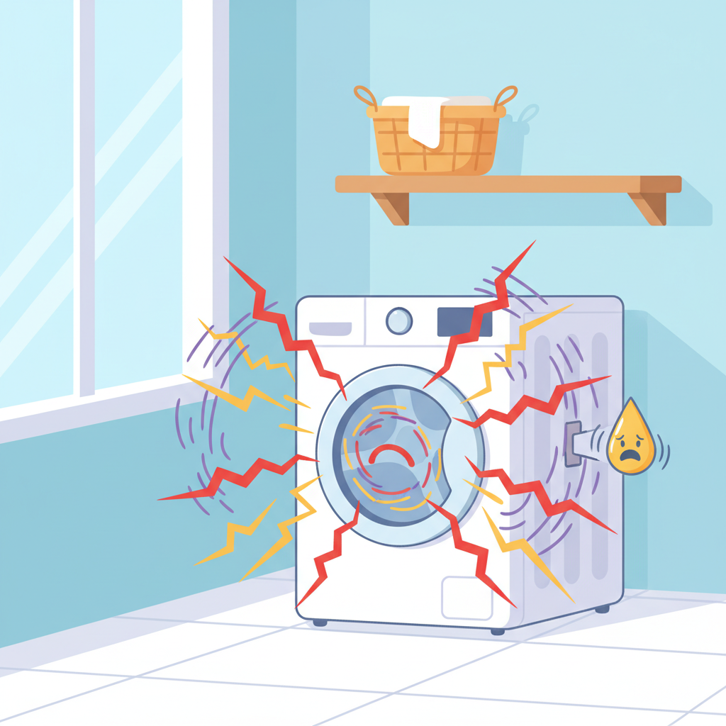 A modern washing machine in a clean, bright laundry room. Visual representations of sound waves or 'squeaking' emanate from the machine's interior, perhaps depicted as stylized, jagged lines or vibrating air, indicating a loud, unpleasant noise. The overall mood should convey a common household issue. Stylized flat illustration with clean lines and a friendly, yet slightly concerned, aesthetic.