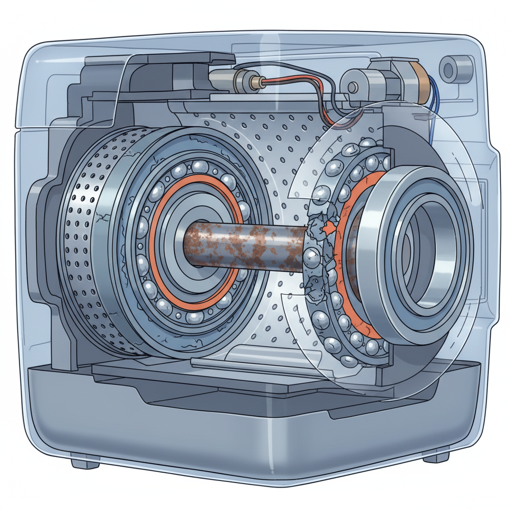 A detailed technical cross-section or exploded view of the washing machine drum assembly. Focus on the central axle and the drum bearings, clearly illustrating them as worn and deteriorating. Show visible friction points or tiny cracks/damage on the ball bearings, contrasting with an implied smooth function. Detailed technical diagram or infographic-style illustration with clear component separation and subtle color coding.