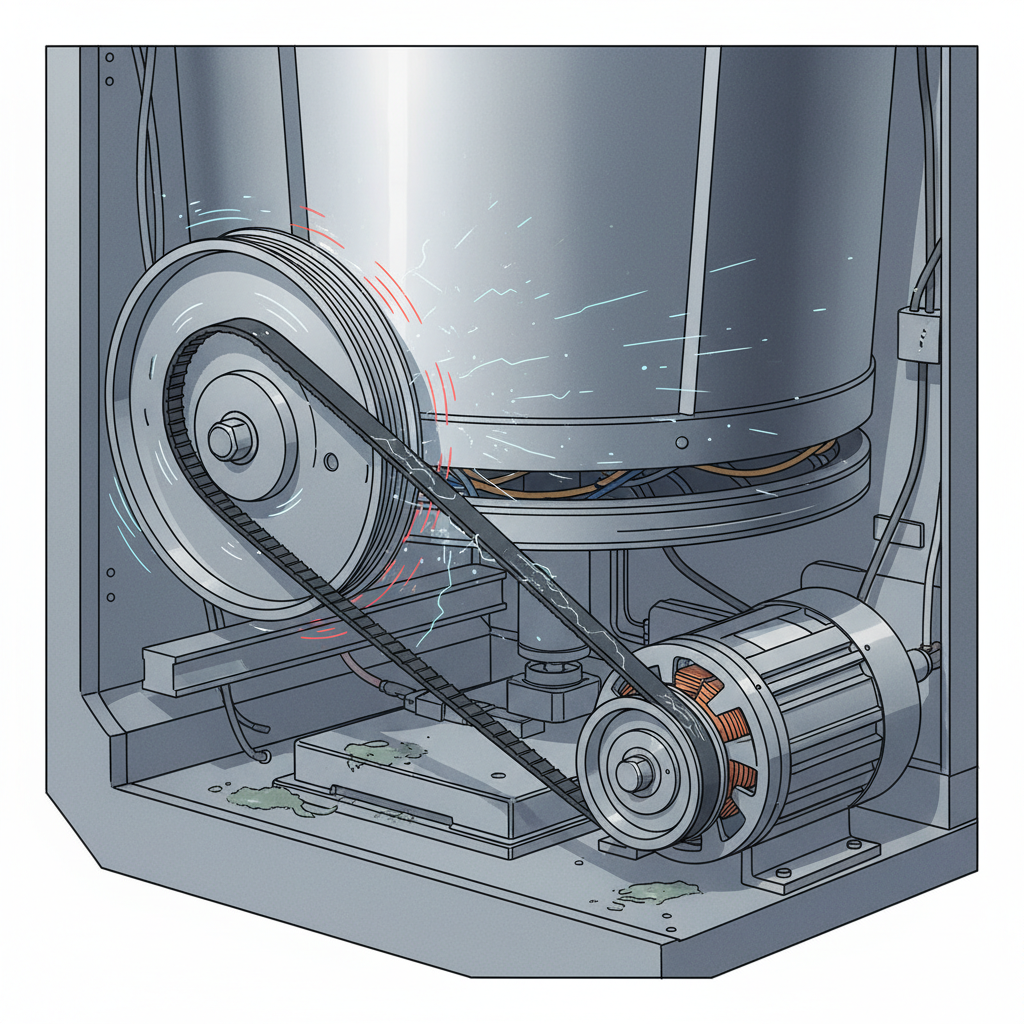 A close-up, internal view of the washing machine's mechanism, specifically highlighting the motor, the large drum pulley, and the drive belt connecting them. The belt should appear loose, frayed, or misaligned on the pulley, with subtle visual cues like sparks or friction lines indicating slipping and noise. Realistic technical illustration with an emphasis on mechanical details and wear.