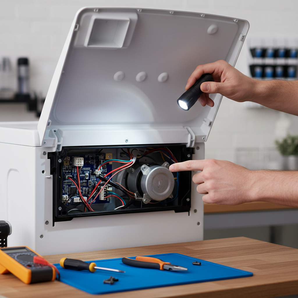 A person (gender-neutral hands visible) gently tilting or inspecting the back panel of a washing machine, perhaps with a flashlight beam illuminating internal components. The scene should suggest a careful troubleshooting process in a home environment, with clean hands and possibly a simple tool nearby (e.g., a screwdriver on a workbench). Professional, clean photographic style, focusing on a hands-on approach to problem identification.