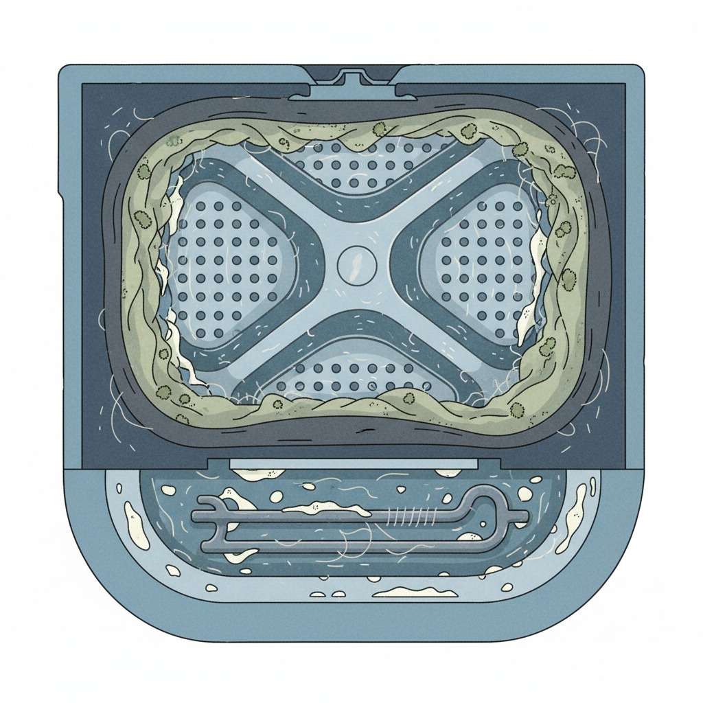 A detailed cross-section or cutaway view of a washing machine drum and its rubber seal, visually depicting various forms of dirt and residue accumulation. Show subtle greenish mold spores along the rubber gasket, white-ish limescale deposits on the inner drum walls and potentially a heating element. Fine lint and soap scum should be clinging to surfaces, creating an overall slightly grimy, neglected impression. The illustration should emphasize the areas prone to dirt build-up. Use a clean, modern infographic style with slightly muted colors to highlight the grimy details.