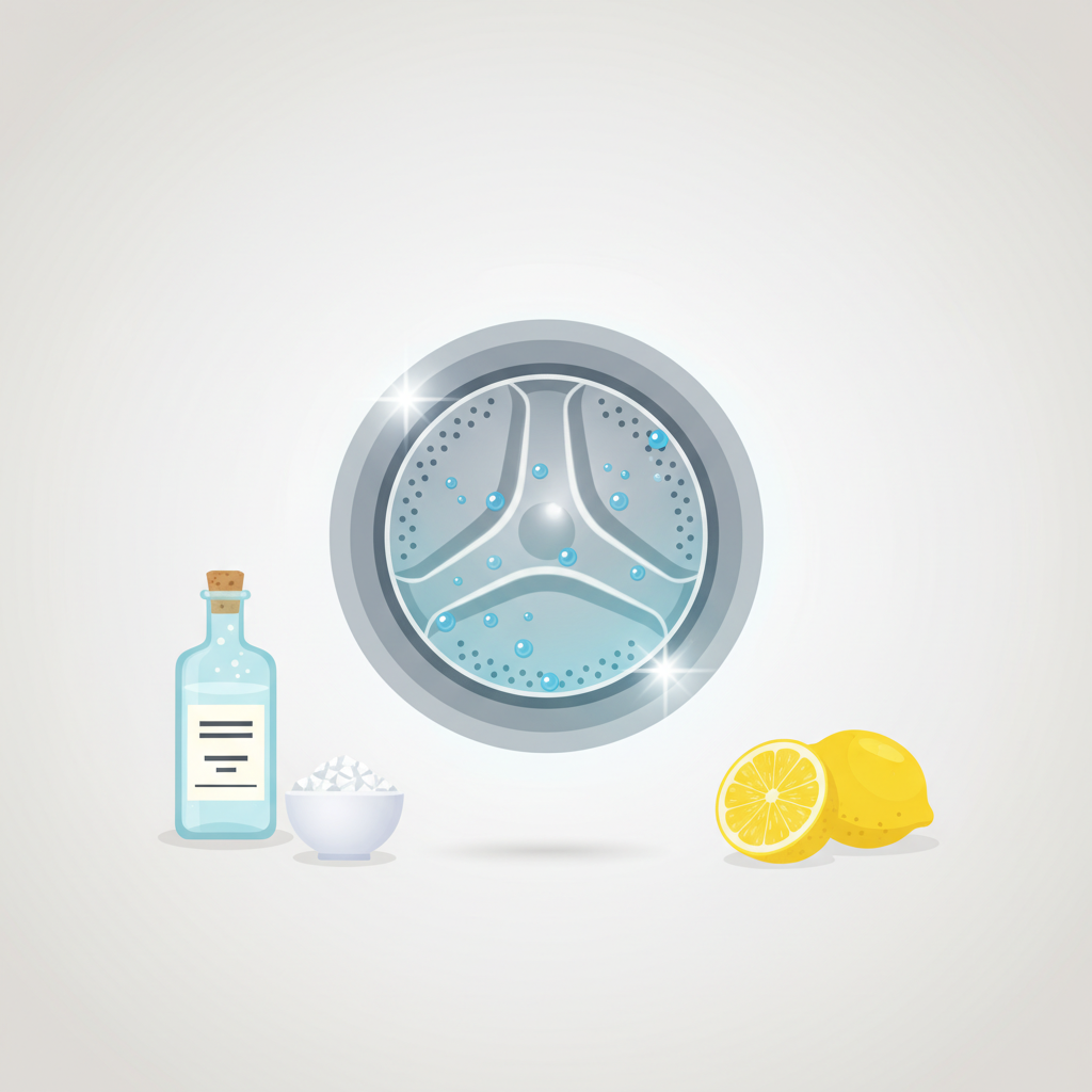 A vibrant, minimalist flat illustration showcasing a sparkling clean washing machine drum, with a subtle glow or tiny water droplets inside to signify freshness. Arranged around the drum are common household cleaning items: a clear bottle of white vinegar, a sliced lemon, and a small bowl of white crystals representing citric acid. The composition should feel bright and inviting, emphasizing natural and effective cleaning solutions. The background is simple and uncluttered, making the objects stand out with a clean aesthetic.