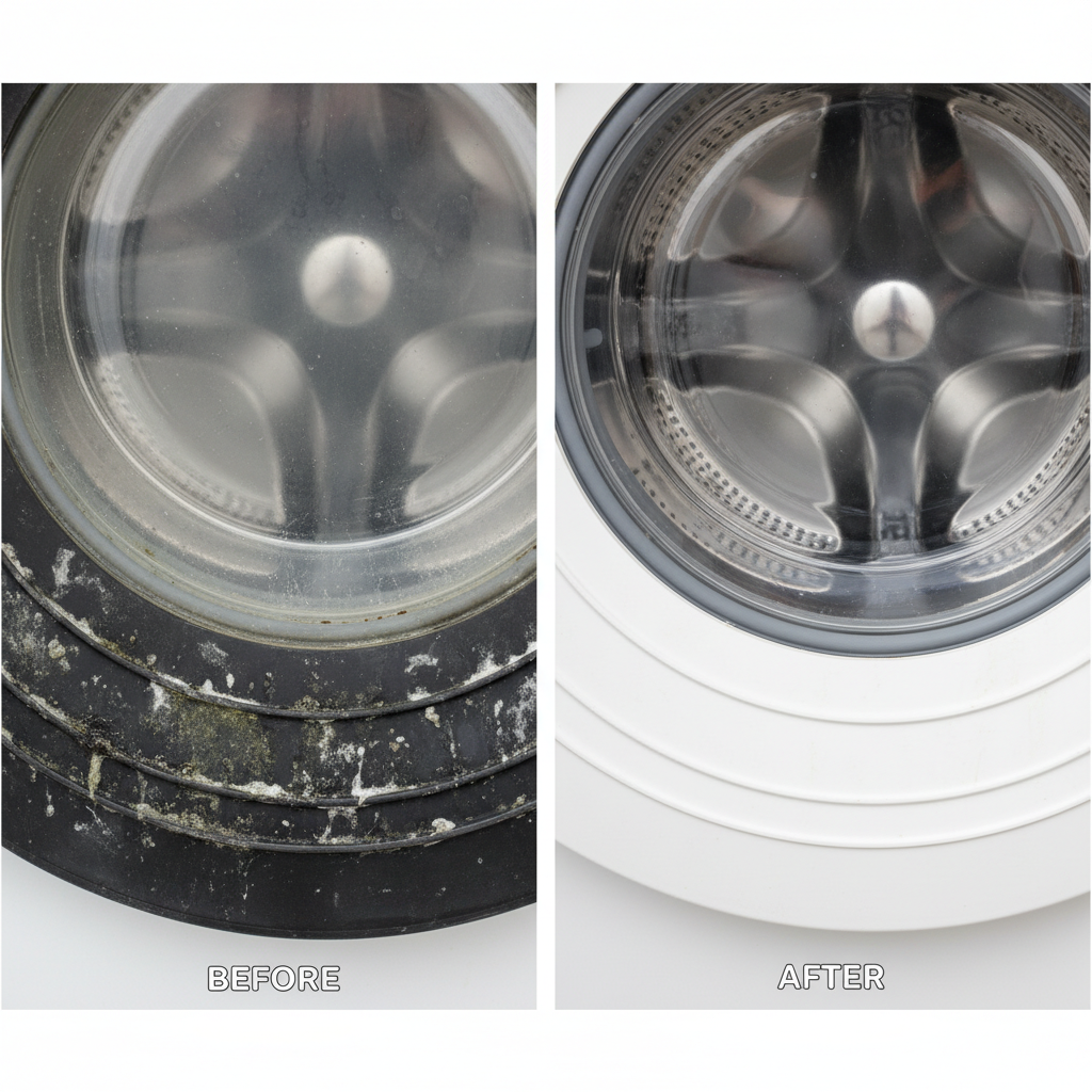 A professional photo depicting a 'before and after' comparison of a washing machine's critical areas. On one side, a close-up reveals a soiled rubber door seal, visibly stained with dark mold, mildew, and caked-on detergent residue, emphasizing the need for cleaning. On the other side, the same rubber seal appears pristine, sparkling white, and impeccably clean, with a hint of a polished, empty drum interior. The image should convey the transformation from unhygienic accumulation to perfect cleanliness, suitable for illustrating the benefits of regular maintenance. Focus on sharp details and contrast.