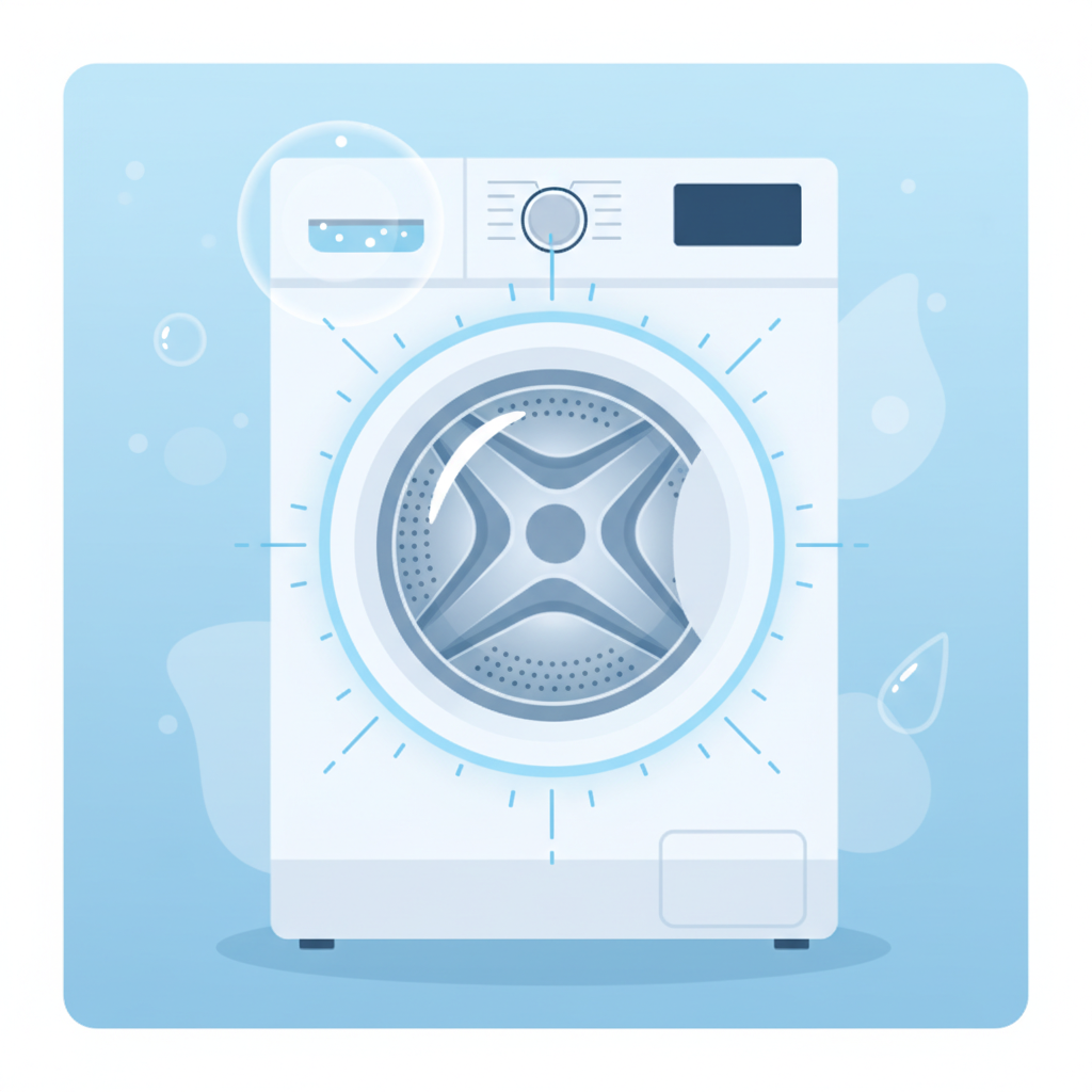 A flat illustration in an infographic style, showcasing the key components of a well-maintained washing machine. The scene features a stylized cross-section or transparent view of the appliance, clearly highlighting a sparkling clean detergent drawer, a pristine, white rubber door seal, and a gleaming, empty drum. Subtle visual cues, like gentle glow effects or radiating lines, emanate from these clean areas, symbolizing freshness and hygiene. The overall aesthetic should be bright, uncluttered, and convey a sense of an efficiently cleaned and well-cared-for machine, emphasizing its readiness for use.