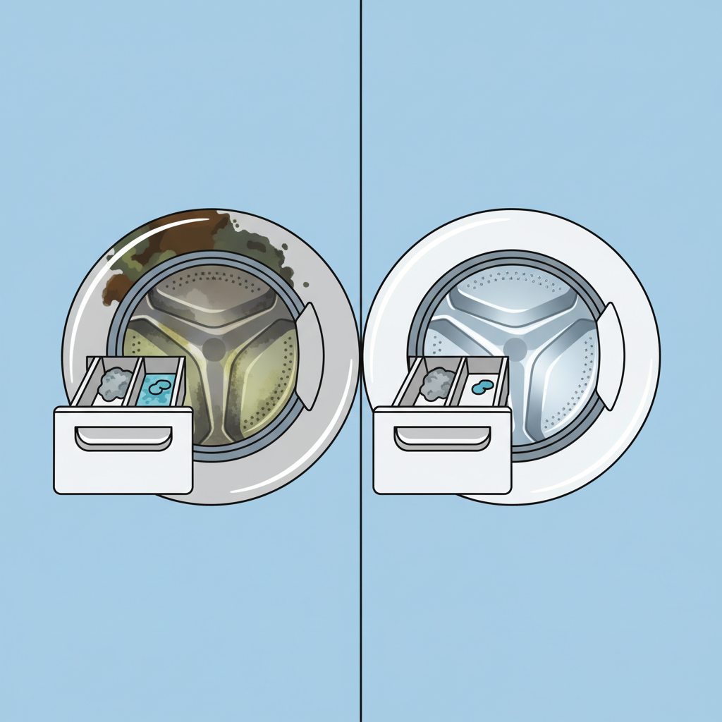 A side-by-side comparison illustration of a washing machine's interior. On the left, a neglected machine with a discolored, moldy rubber door seal, visible detergent residue caked inside the dispenser, and a general dull, unhygienic appearance in the drum. On the right, the same washing machine interior appears sparkling clean, with a pristine white drum, a spotless, flexible door seal, and a shiny, empty detergent drawer, radiating a sense of freshness. The overall style should be a crisp, flat illustration with clear visual separation.