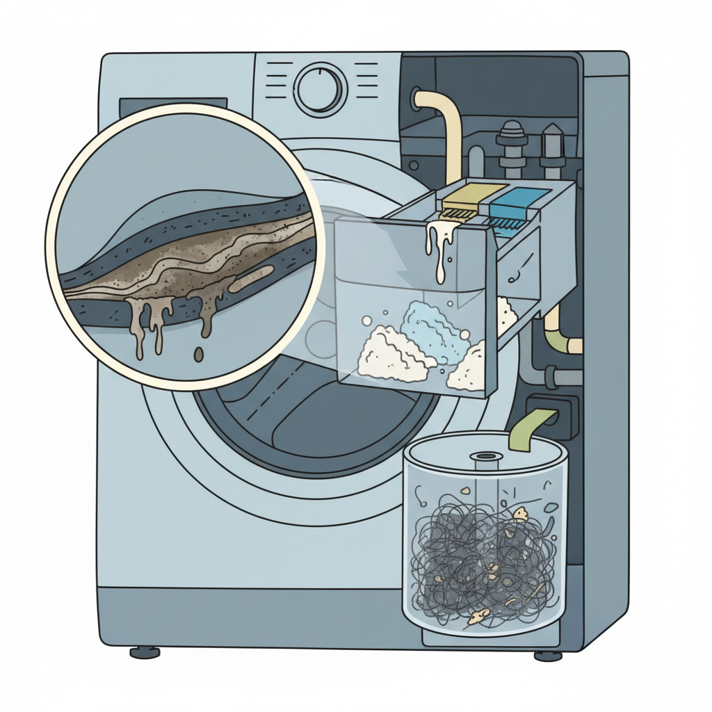 A detailed, cutaway illustration of a modern front-loading washing machine, highlighting its most common problem areas. The image should feature a close-up on the rubber door seal showing subtle dirt and grime accumulation, a section of the detergent drawer with visible dried residue, and a transparent view of the lint filter area hinting at trapped debris. The overall atmosphere should be one of uncovering hidden dirt, presented in a clean, professional infographic style with a soft, limited color palette to emphasize the components.