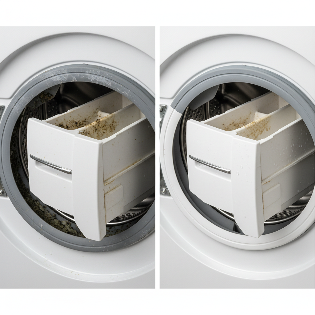 A photorealistic split image illustrating the contrast between a dirty and a clean washing machine. On one side, show a close-up of a neglected washing machine's interior: visible dark mold and mildew within the grey rubber door seal gasket, cloudy limescale residue around the drum's rim, and a grimy, discolored detergent dispenser drawer with dried soap buildup. The other side displays the same areas looking impeccably clean and fresh: a spotless white rubber seal, a sparkling chrome-like drum opening, and a gleaming, perfectly clean detergent drawer, conveying hygiene and longevity. Professional product photography style, bright lighting.