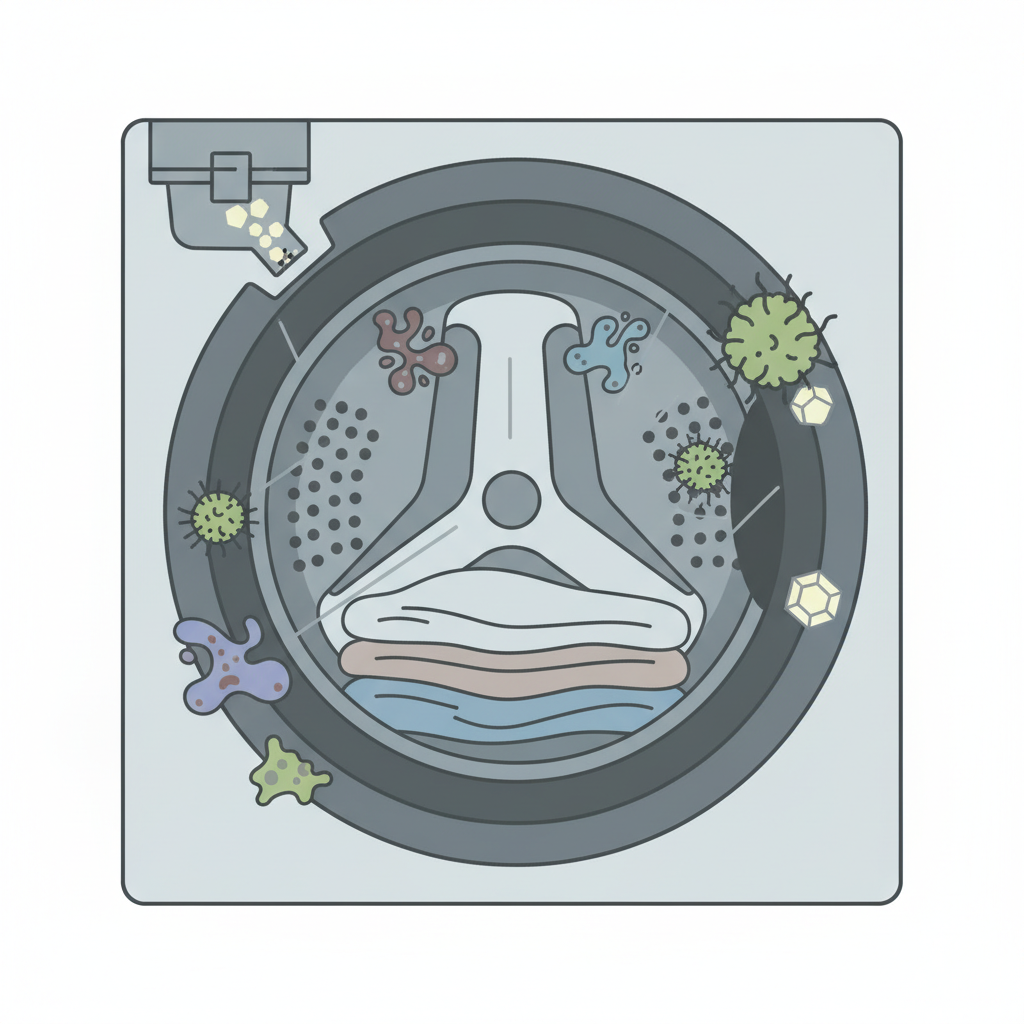 An infographic-style flat illustration showing the unseen threats within a washing machine. Depict a simplified cross-section of a washing machine's interior, focusing on the drum, door seal, and a hint of the detergent dispenser. Within these areas, visualize stylized microscopic elements: clusters of bacteria (small, diverse shapes), fuzzy green mold patches, and crystalline limescale deposits clinging to surfaces. Connect these visual elements with subtle, abstract lines or faint shadows to a representation of dull, slightly grey laundry, symbolizing the impact on clothes. Use a clean, modern vector art style with a slightly alarming but educational tone.