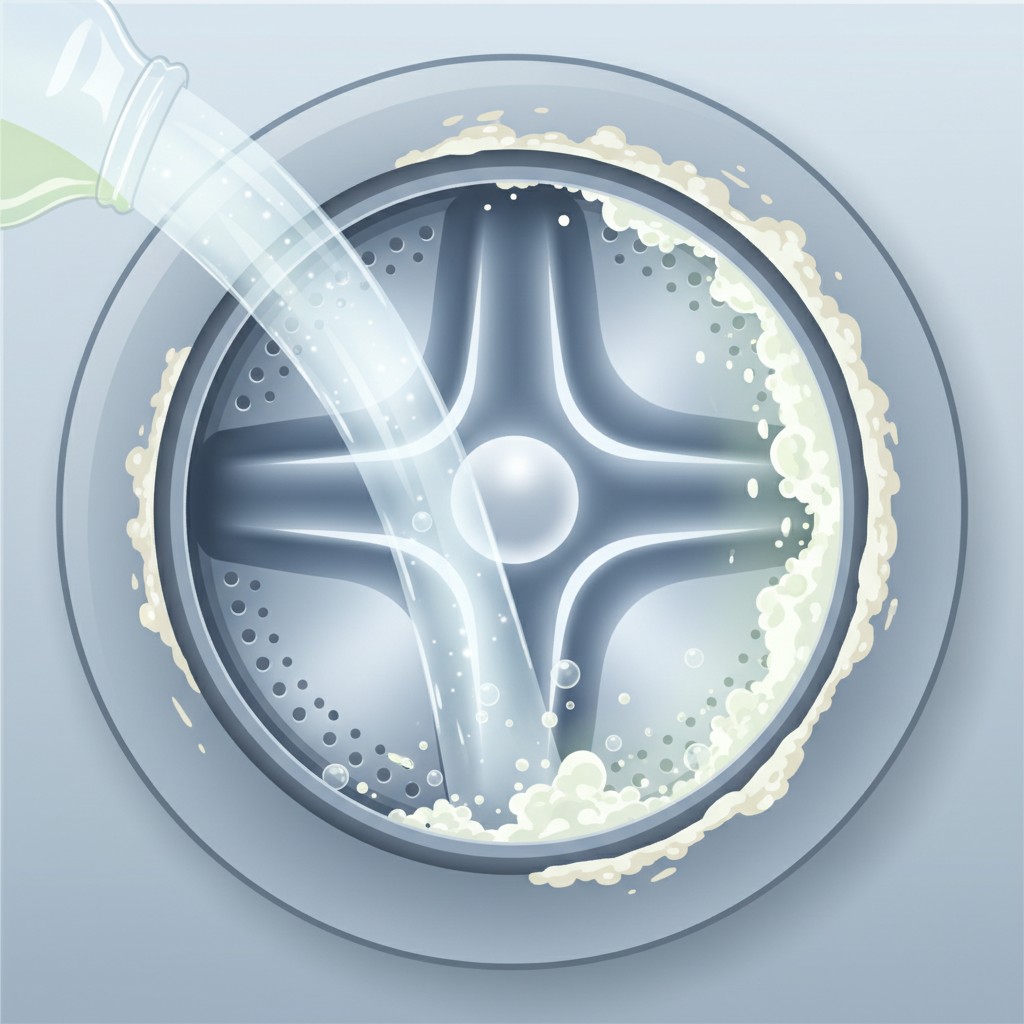 A vibrant flat illustration depicting the interior of a washing machine drum and its grey rubber seal. On one side, visible layers of off-white limescale and sticky white soap residue cling to the surfaces. From the opposite side, a clear, slightly sparkling wave of liquid, symbolizing vinegar, flows in, actively dissolving and breaking down the grime. Small, effervescent bubbles and dissolving particles emanate from the interaction points, conveying a powerful cleaning action. The scene should evoke freshness and hygiene, with a clean, modern aesthetic, emphasizing the transformation from dirty to clean.