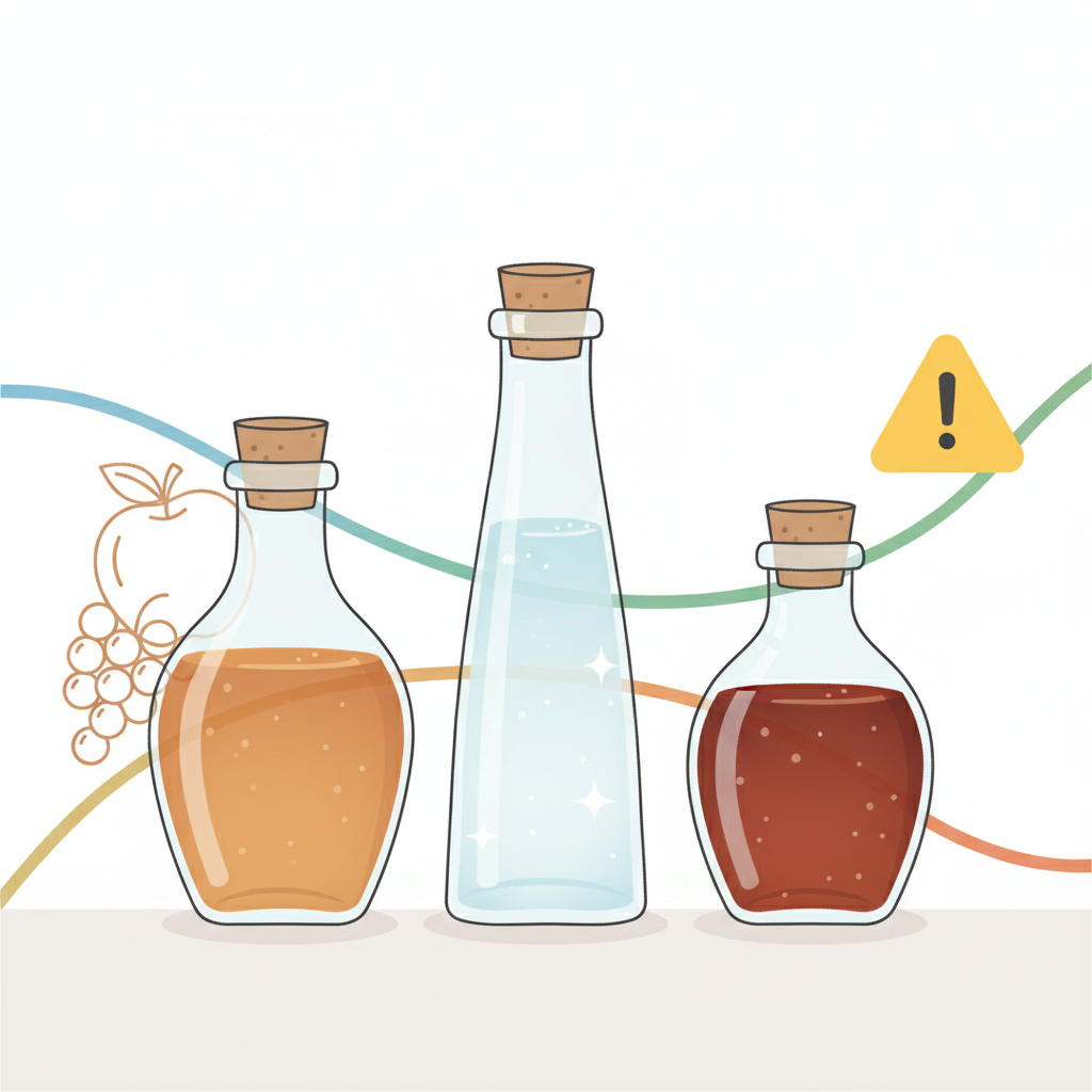 An infographic-style illustration showcasing a clear comparison of three distinct vinegar types. In the center, a simple, transparent bottle filled with clear liquid represents household vinegar, appearing safe and effective. To its left, a bottle with a slightly amber or dark hue, accompanied by a subtle fruit silhouette (e.g., an apple or grape outline), represents flavored vinegar. To the right, a bottle with a more concentrated appearance, perhaps with a subtle 'caution' symbol (like a triangle or exclamation mark without any text), denotes vinegar essence. The overall design should be minimalist and visually informative, highlighting differences in appearance and implied concentration.