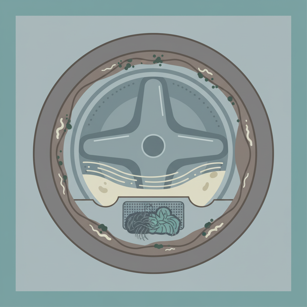 A stylized, cutaway illustration of the inside of a washing machine, focusing on areas prone to grime. The rubber seal around the loading door shows subtle green-black mold spots and white lime scale residues. The interior of the drum appears slightly dull or discolored, with faint dirty water or detergent residue lines near the bottom. The lint filter area is subtly hinted at, suggesting blockages. The overall impression is one of accumulated dirt and residue within the machine, highlighting the need for cleaning. Use a clean, professional flat illustration style with a muted color palette to emphasize the uncleanliness without being overly graphic.