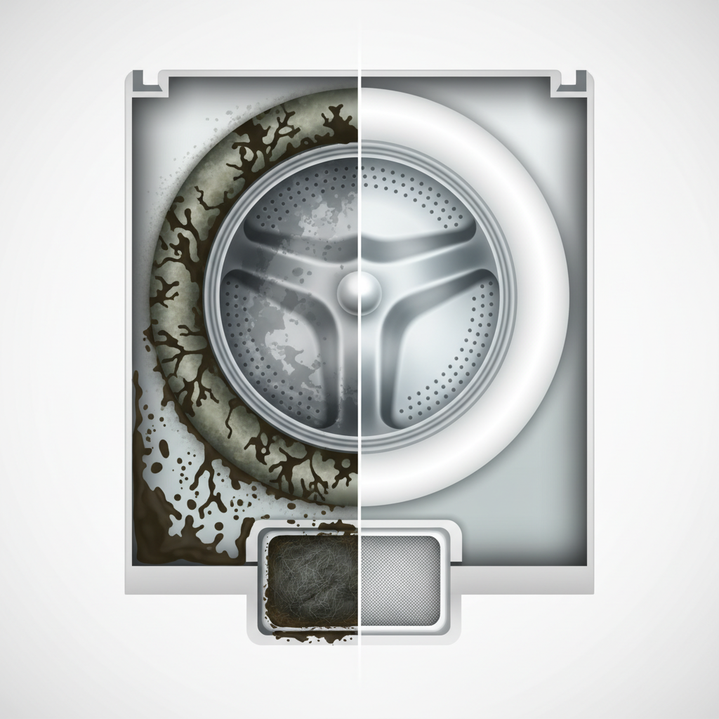 A detailed cross-section of a washing machine's interior, visually depicting the consequences of neglect versus the benefits of cleaning. One half of the machine, from the drum to the rubber seal and lint filter, is shown grimy and covered with subtle, abstract representations of bacteria and mold (e.g., dark smudges, greenish growth). The other half presents the same components sparkling clean and pristine. A subtle gradient or dividing line separates these contrasting states. The style is a professional, realistic digital illustration with an infographic-like aesthetic, emphasizing cleanliness and hygiene.