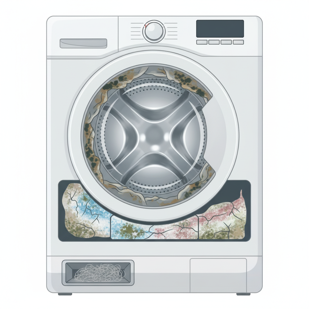 A stylized, transparent cutaway view of the lower front section of a domestic washing machine. The focus is on the interior of the rubber door seal, which shows prominent dark mold spots and collected grime. The pull-out detergent dispenser drawer area is depicted with hardened, multi-colored detergent residues and some mildew. A subtle accumulation of lint and debris is visible within a conceptual lint filter compartment at the bottom. The adjacent drum interior appears clean and metallic, creating a stark contrast. The style is a clean flat illustration with a slightly muted color palette for the dirt, against bright whites and grays of the machine.
