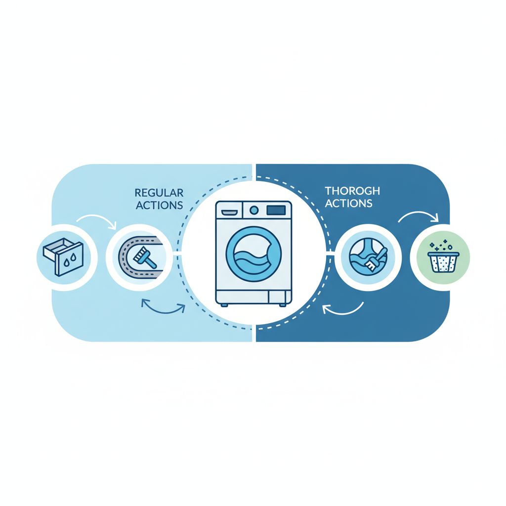 An infographic-style illustration depicting a systematic cleaning schedule for a washing machine. A stylized, modern washing machine icon is centrally placed. Surrounding it are two distinct, visually separated sections. One section, designed to convey regular, frequent actions, displays small, clear icons for a removable detergent drawer, a flexible rubber door seal, and a lint filter. The other section, designed to convey less frequent, thorough actions, features an icon representing the washing machine's main drum interior. The overall aesthetic is clean, organized, and uses a vibrant but professional color palette, emphasizing easy maintenance.