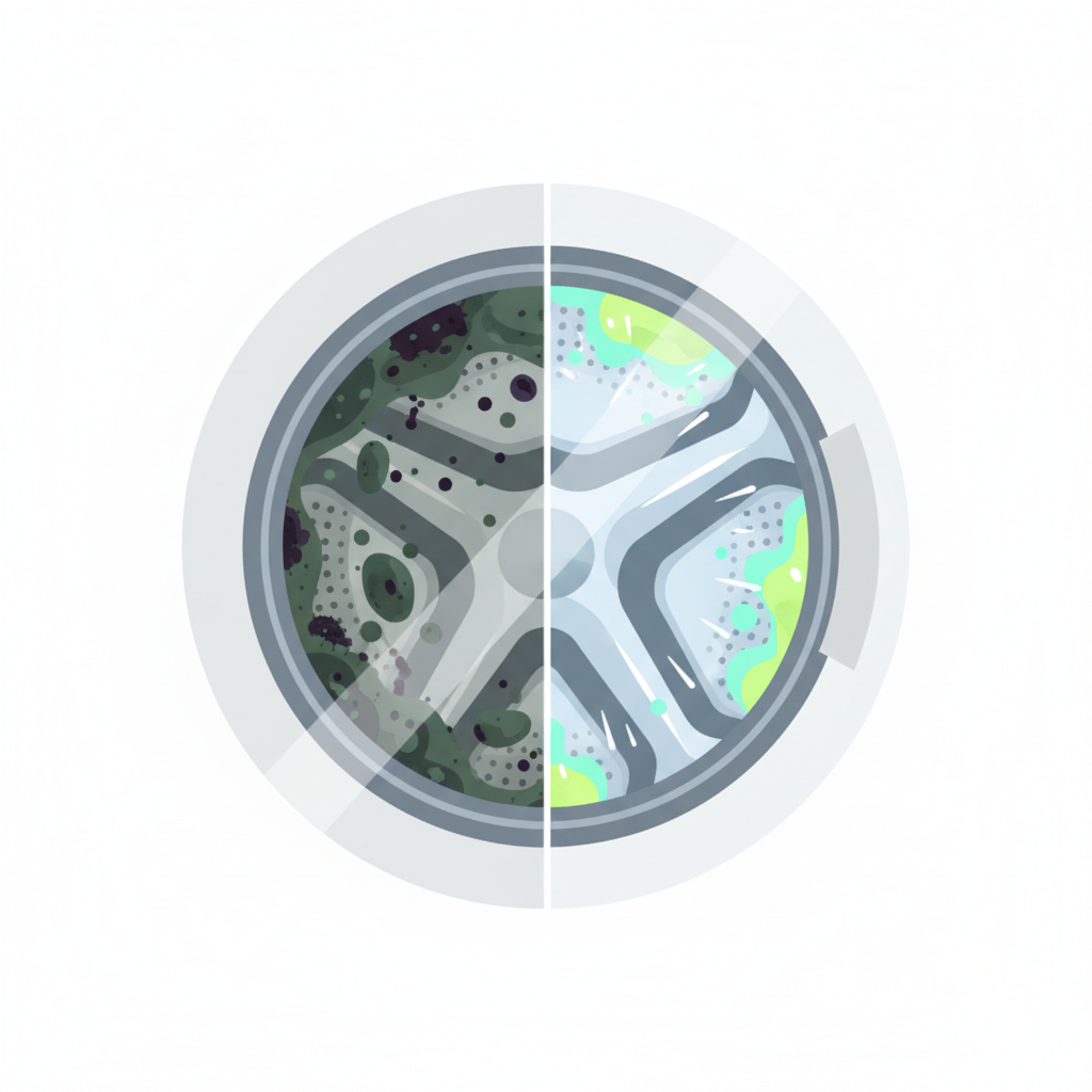A vibrant, modern flat illustration depicting a cutaway view of a washing machine drum. On one side, the interior surfaces and rubber seals are visibly coated with stylized representations of bacteria, mold, and unpleasant grime, using muted, murky colors. On the other side, the same surfaces are sparkling clean, polished, and sterile, using bright, fresh colors, with a subtle implied division down the center. This contrasts the unhygienic state with the cleaned state, highlighting the necessity of maintenance.