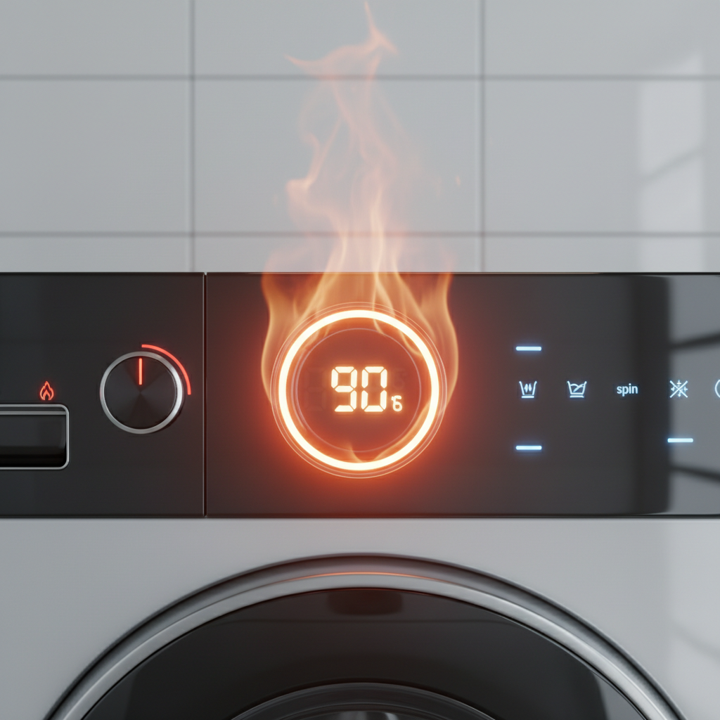 A sleek, professional 3D render or vector illustration of a washing machine's control panel. The focus is on a temperature selection dial or digital display, clearly indicating a high-temperature setting, such as a marker pointing to '60' or '90' on a visual scale, or illuminated numerical digits '60' or '90' on a screen. Subtle visual cues, like faint heat radiating from behind the control panel or a gentle glow, should convey the intensity of the cleaning temperature.