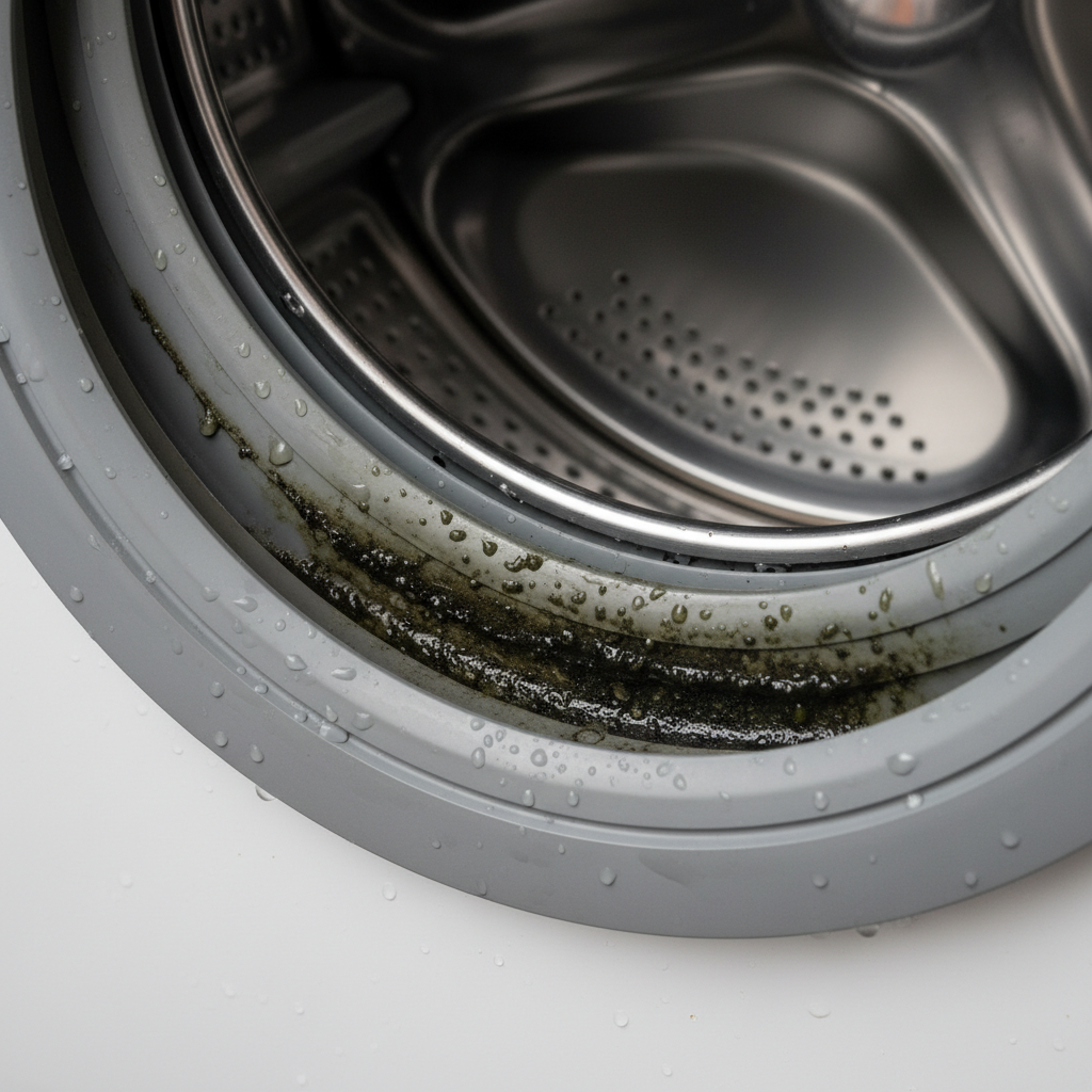 A close-up, slightly gritty professional photo of the interior of a washing machine drum, focusing on the rubber door seal. The seal should show visible dark, slimy residue and small specks of mold, indicating accumulated dirt and bacteria. Droplets of water cling to the surface, emphasizing the damp environment. The stainless steel drum in the background should appear slightly dull or streaky, adding to the visual representation of a musty washing machine. The image should convey the issue informatively, suitable for a cleaning guide.