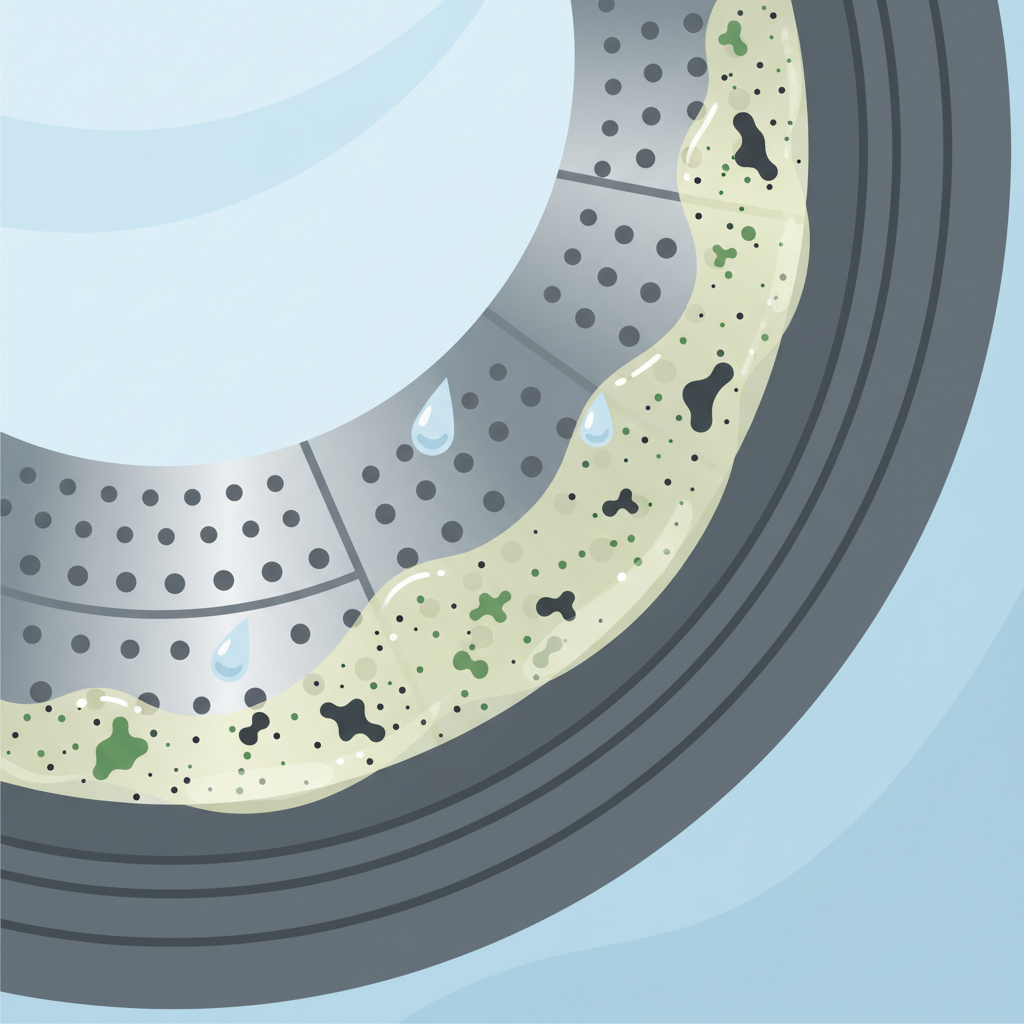 A clean, modern flat illustration depicting a conceptual cross-section of a washing machine's internal components, specifically focusing on the drum wall and the rubber seal area. Stylized representations of microscopic bacteria and mold spores (small green/black dots and abstract shapes) are shown accumulating in layers with a sticky, translucent film symbolizing detergent and softener residues. Tiny water droplets are interspersed, highlighting the moist environment where these elements thrive, visually explaining the root causes of unpleasant odors.