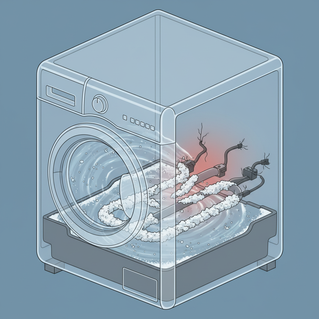 A detailed cutaway diagram illustrating the inside of a modern washing machine. The focus is on the heating element, which is heavily encrusted with thick, white-grey limescale deposits. Surrounding the element, water is visible with subtle mineral particles, flowing inefficiently. Visual cues should imply reduced performance and increased strain on the machine's components due to the limescale buildup, possibly showing heat escaping inefficiently. The overall style should be a clean, technical 3D infographic illustration with a slight cross-section view to highlight the internal issues. Colors should be muted and professional, emphasizing the problem.