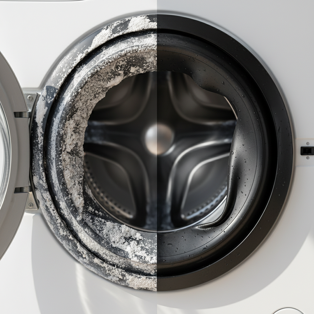 A professional photo or realistic digital illustration showcasing a close-up of a washing machine's open door. The primary focus is on the intricate folds of the rubber door seal (manchette). The image should be split or show a clear contrast: one section of the seal is visibly covered with noticeable white and grey chalky limescale residues, appearing brittle. The other adjacent section of the seal is pristine, clean, and supple, emphasizing the ideal condition. The background should be slightly blurred, keeping the viewer's attention on the details of the rubber seal. Bright, natural lighting.